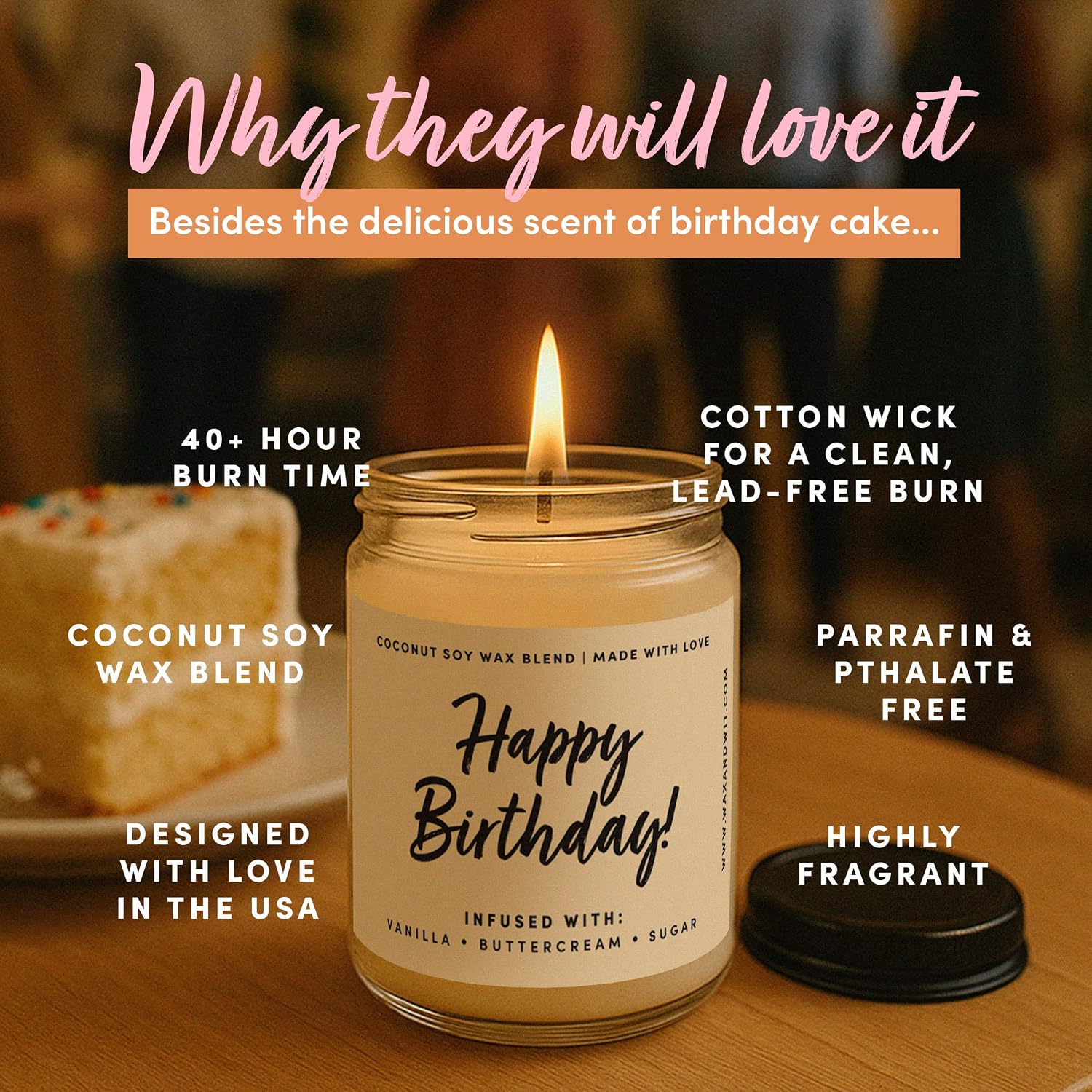 Detalle de Happy Birthday Candle for Women by WAX & WIT — Vanilla Buttercream Cake Soy Candle, 9oz