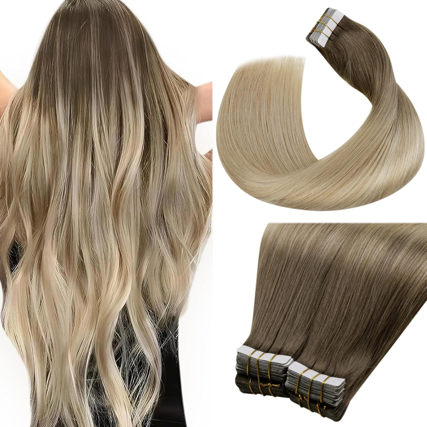 Imagen de LaaVoo Blonde Hair Extensions Tape-In (20 Inch, 40pcs) – Balayage Brown to Blonde, Remy Human Hair en OfertitasTOP