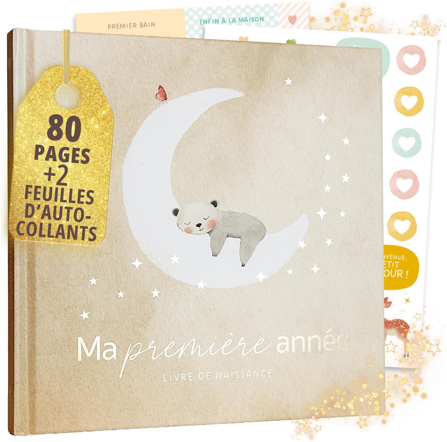 Detalle de Livre de naissance Ma première année + set d’autocollants – Album photo bébé Nature