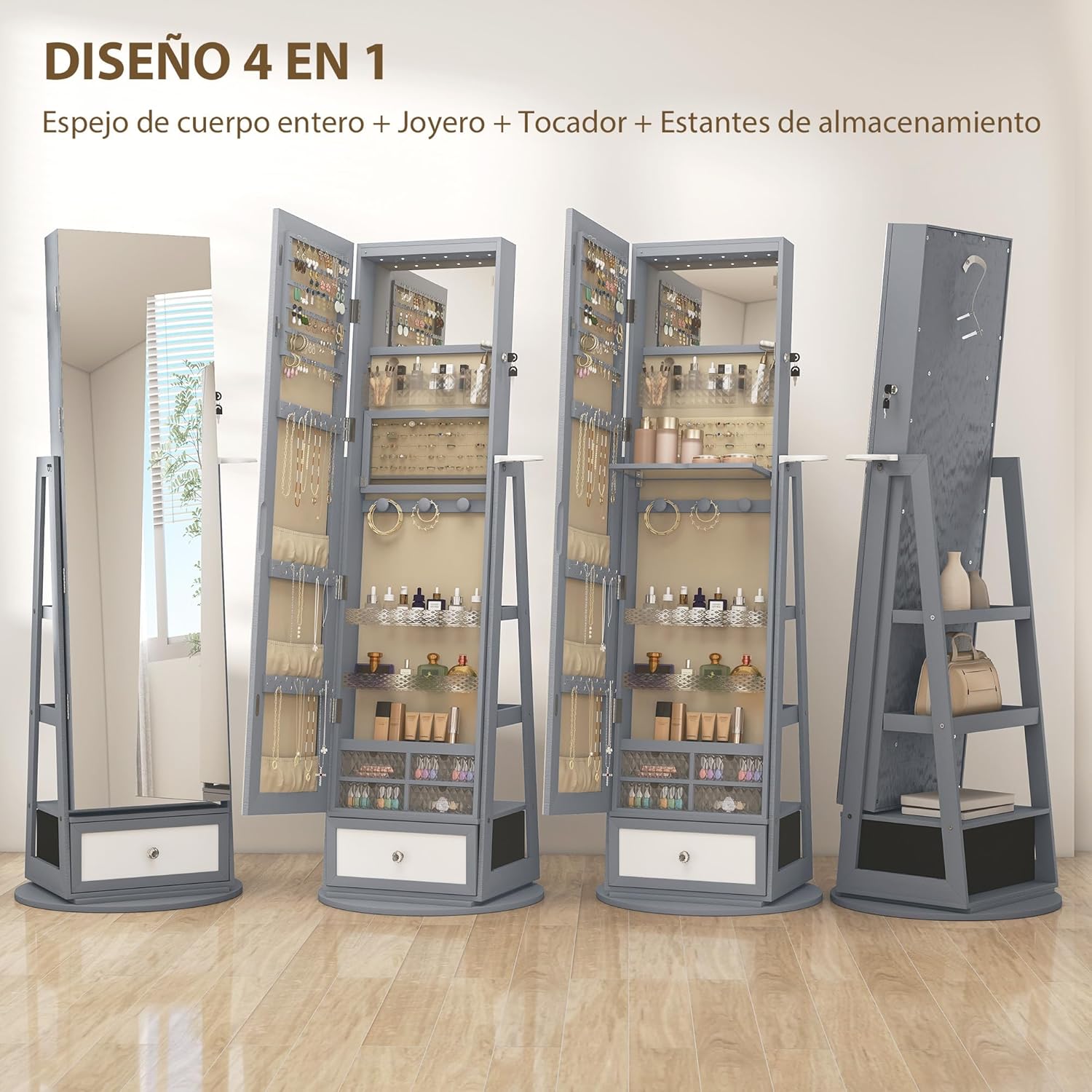 Detalle de HOMCOM espejo joyero con luces LED y armario giratorio 360° (gris claro y beige)