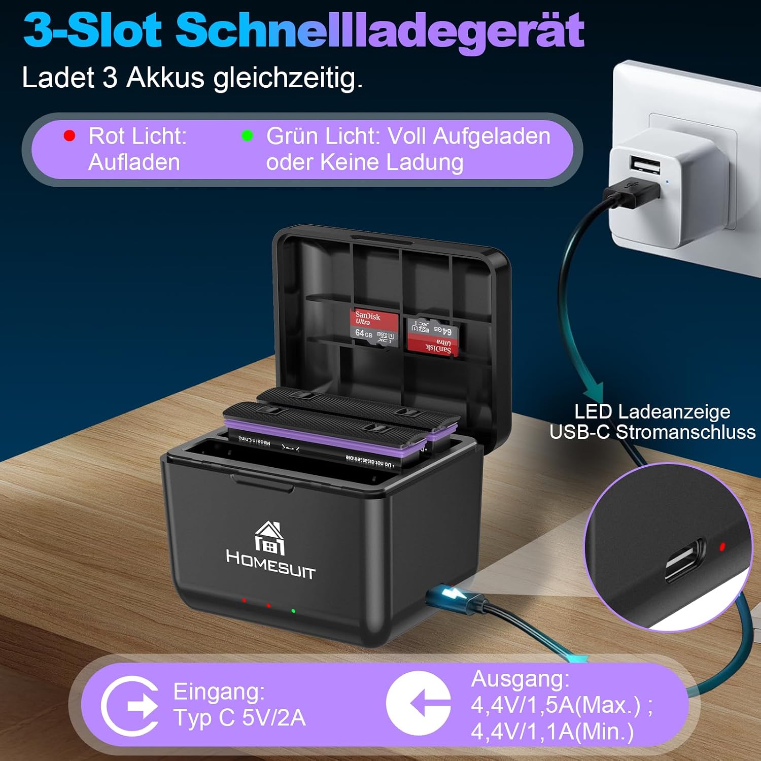 Detalle de Homesuit 2er-Pack Insta360 X4 Akku 2500 mAh + Schnellladegerät 3-Kanal – kompatibel mit Insta360 X4
