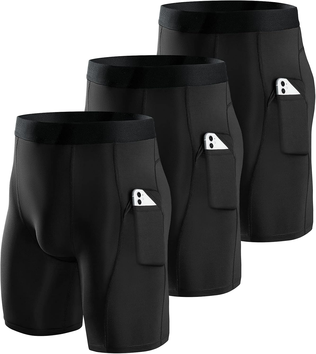 Detalle de Niksa 1- or 3-Pack Men's Compression Shorts: Base Layer Running Shorts with Cell Phone Pockets