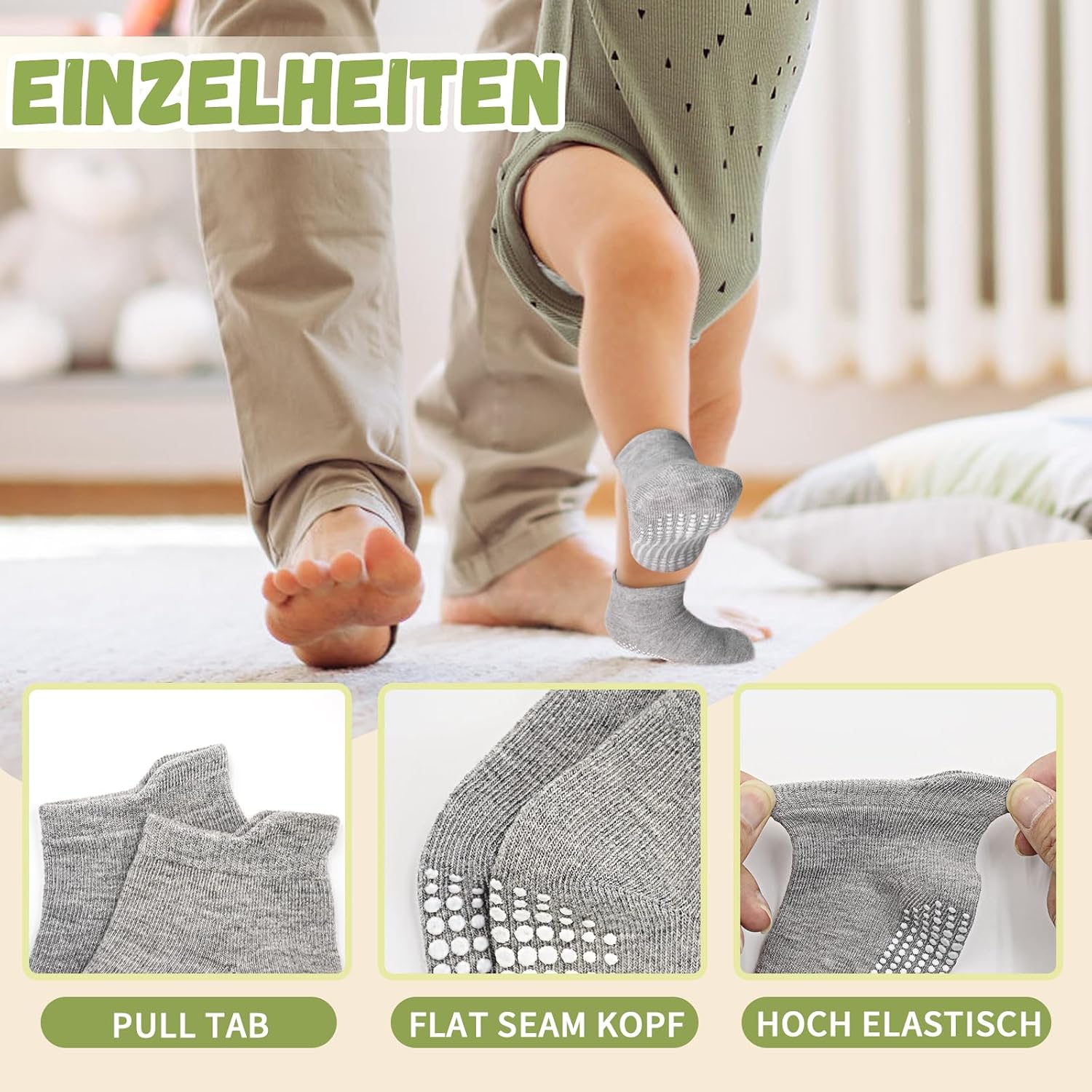 Detalle de ELUTONG Kinder Antirutsch Knöchel Socken, 12 Paar – Baumwolle Stoppersocken mit rutschfester Griffigkeit für Jungen und Mädchen (6 Monate–7 Jahre)