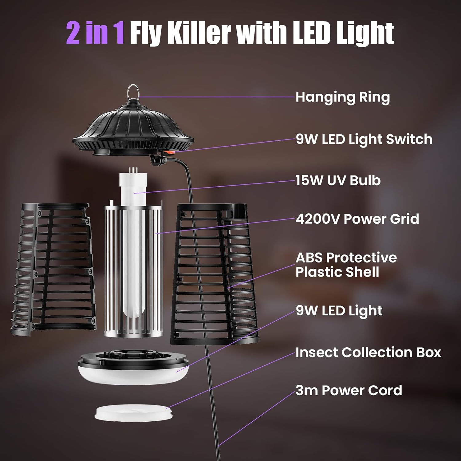 Detalle de PKBD 15W Mosquito Killer Lamp with LED Light (2-in-1 fly zapper, 4200V grid, IPX4)