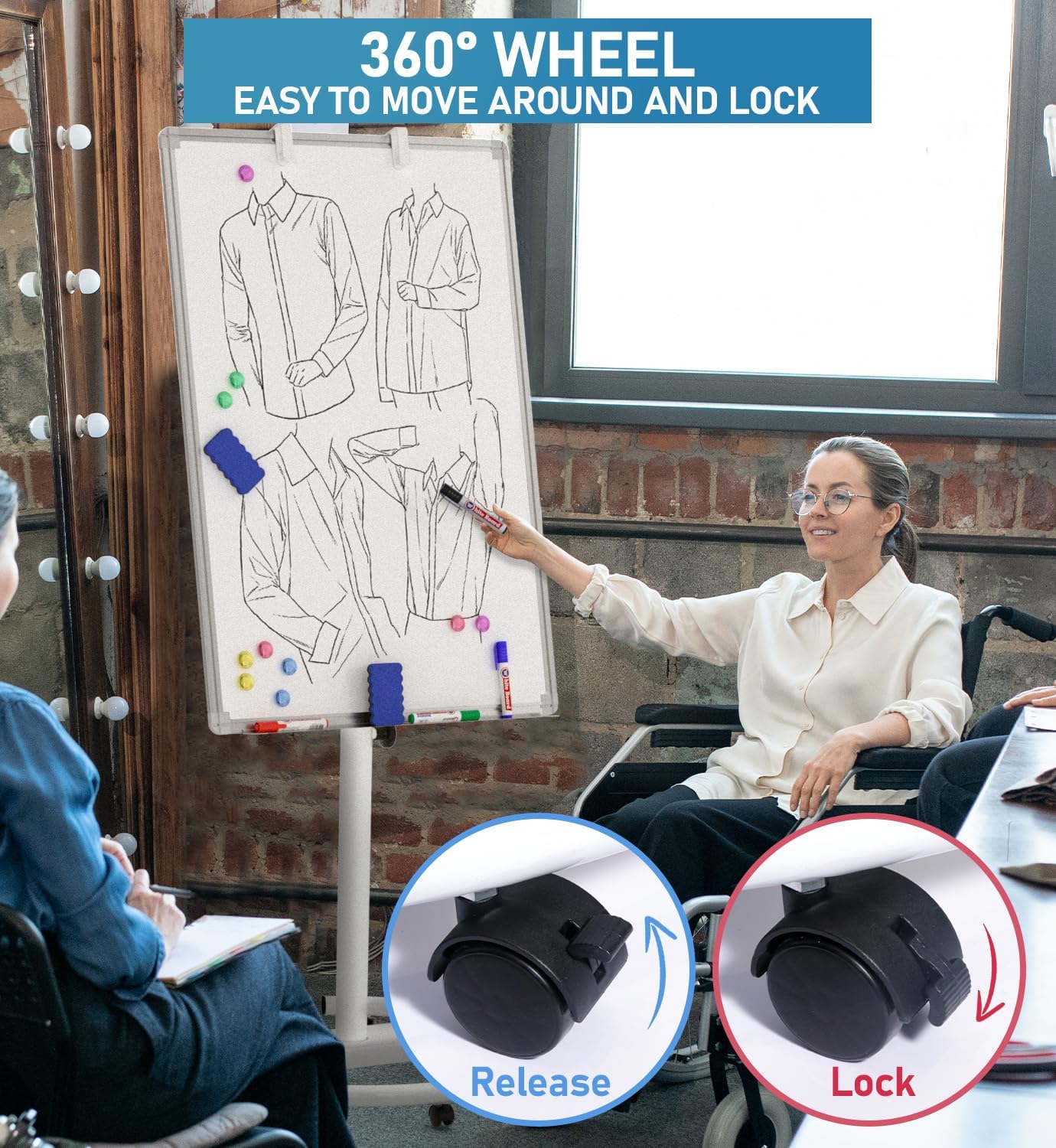 Detalle 2 de Nicpro mobile whiteboard flip chart stand (90 x 60 cm) – height adjustable magnetic dry-erase easel with pens, erasers & magnets