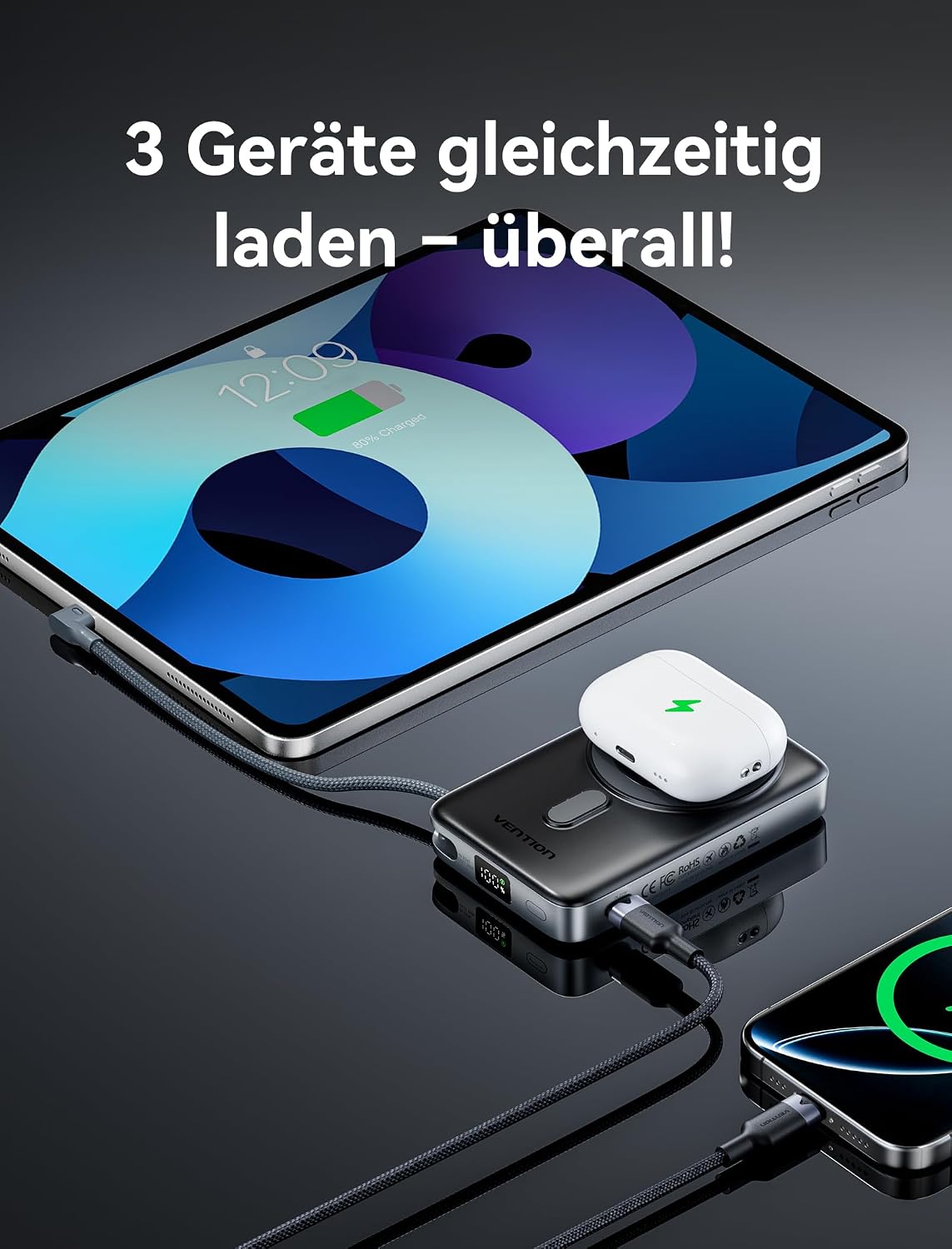 Detalle de VENTION Powerbank MagSafe 10000mAh Qi2 15W con USB-C PD 35W: ricarica magnetica, display LED e cavo integrato