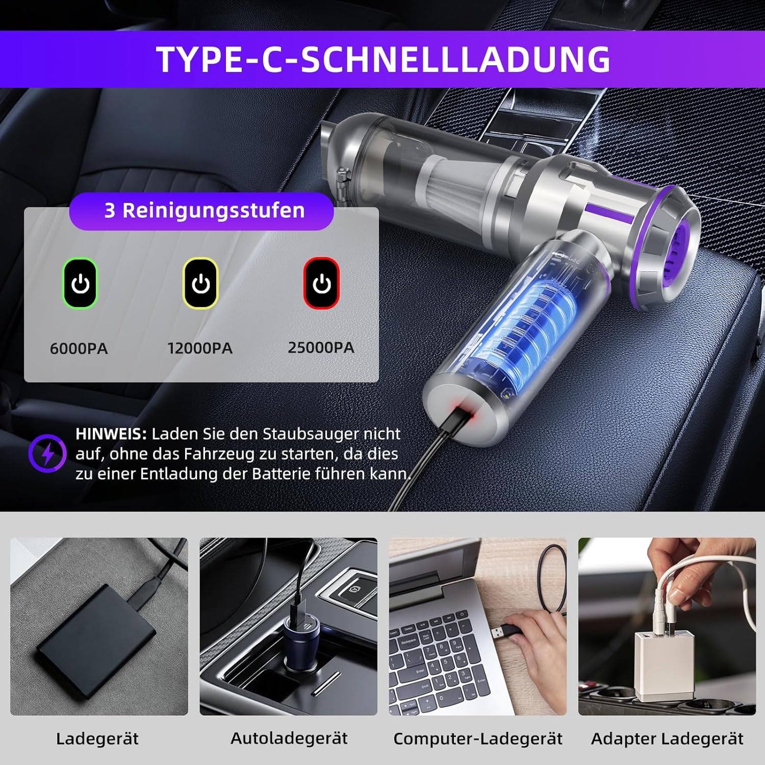 Detalle de Akku-Handstaubsauger 25000 Pa mit 1-Knopf-Selbstentleerung, 4-in-1 Kabellos für Auto, Haushalt & Tierhaare