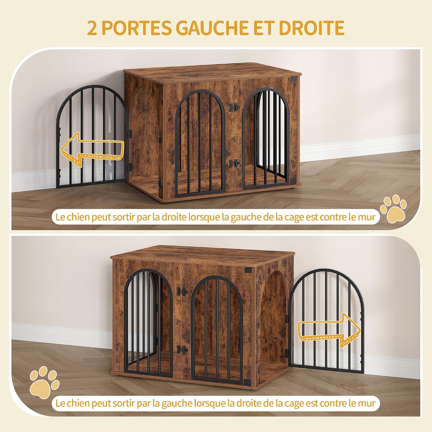 Thumbnail 6 de Hzuaneri cage pour chiens 80 cm avec 3 portes et arche d’accès DFC85101B (marron rustique)