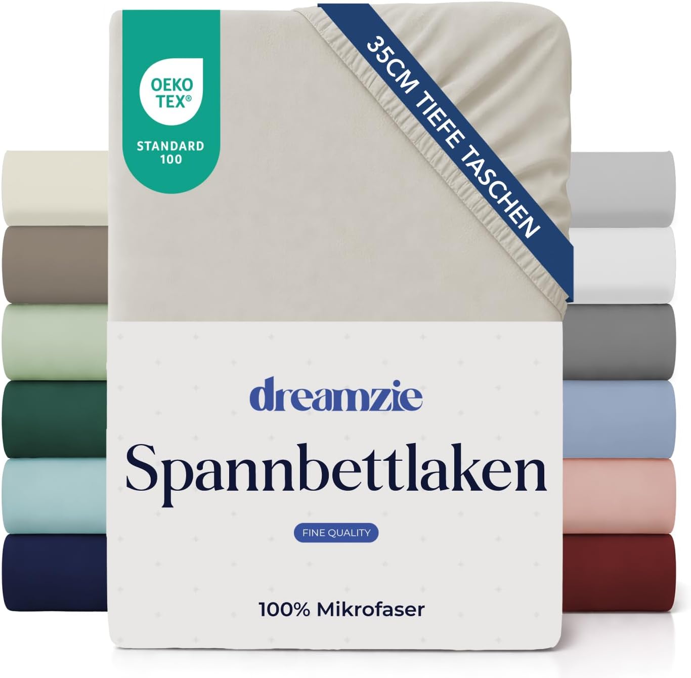 Detalle de Dreamzie Spannbettlaken 180x200 cm – 35 cm Tiefe Tasche, 100% Mikrofaser, Oeko-Tex, Beige