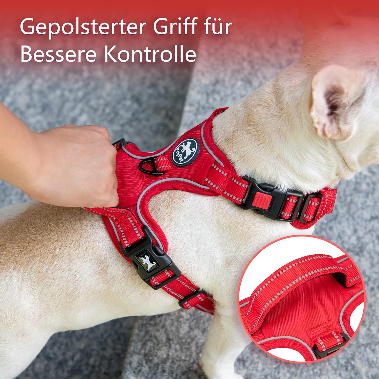 Detalle 2 de PoyPet Hundegeschirr ohne Zug mit Reflexion, weich gepolstert und verstellbar (Rot, Größe M)