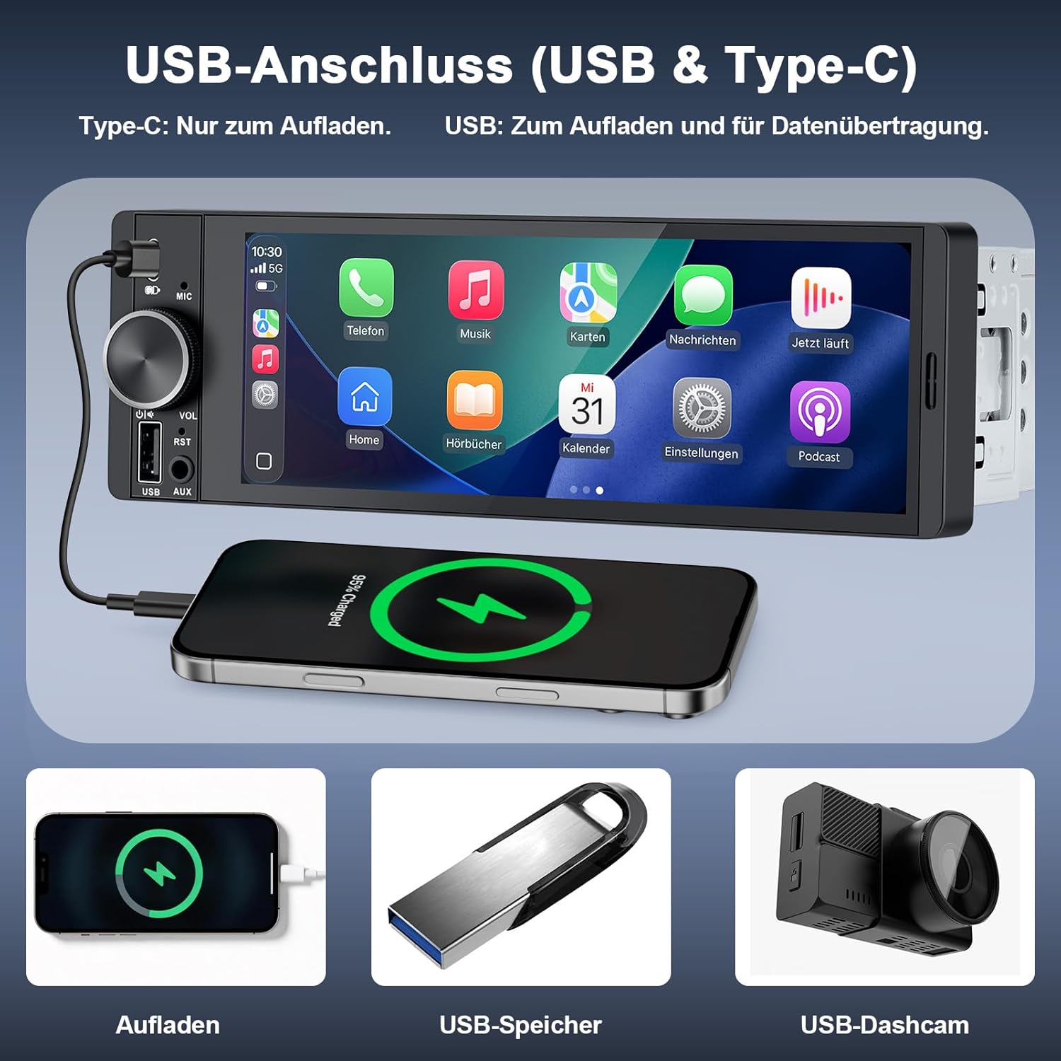Thumbnail 6 de 1-DIN Bluetooth Autoradio mit 6,9" Touchdisplay, Wireless CarPlay/Android Auto und Rückfahrkamera