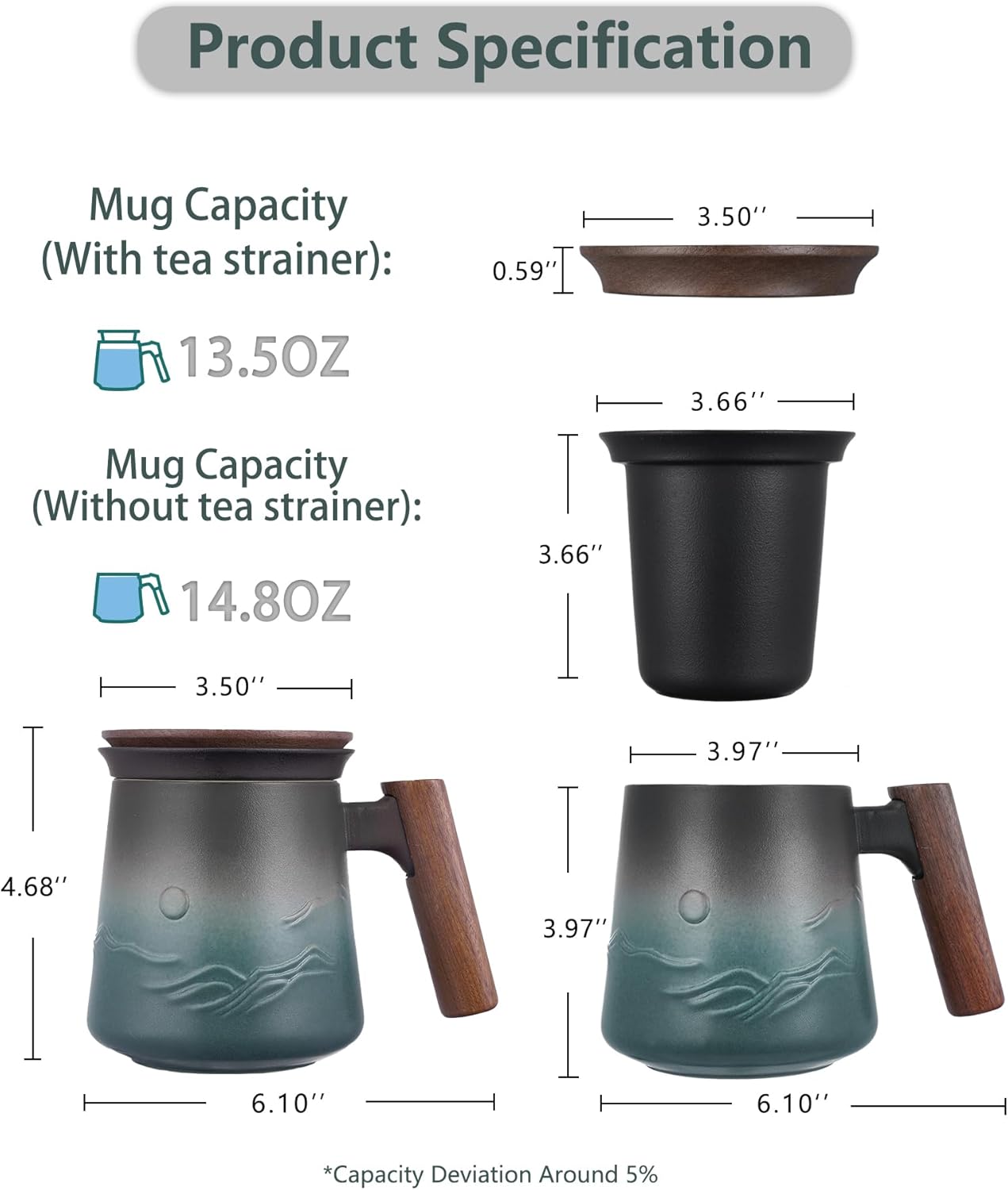 Detalle de ZENS Embossed Ceramic Tea Mug with Infuser and Lid (14.5 oz) — Wood Handle & Loose-Leaf Steeper