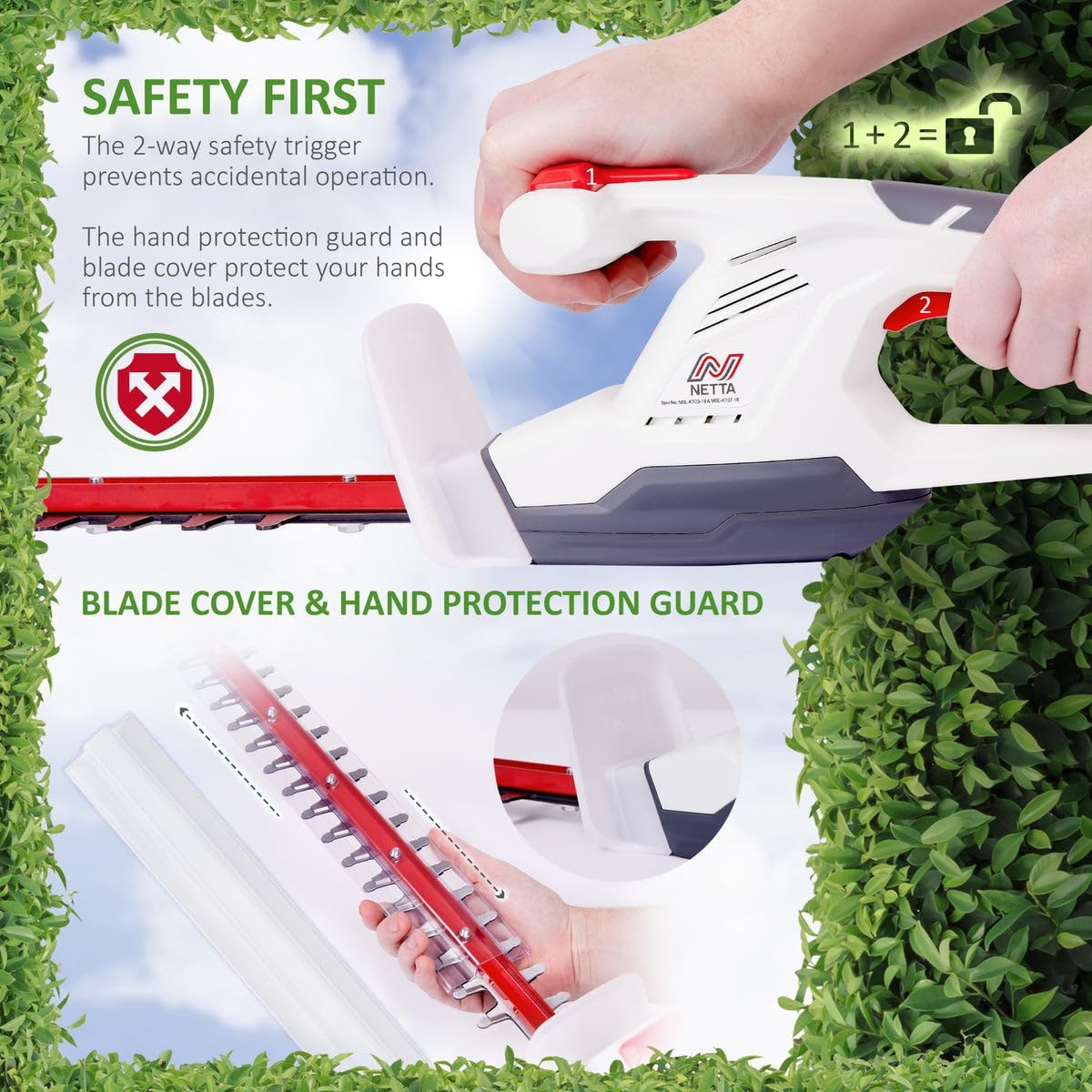 Detalle de NETTA Cordless Hedge Trimmer & Tree Trimmer (Ultra-Light 2kg) with 450mm Laser Blade, 16mm Tooth Opening