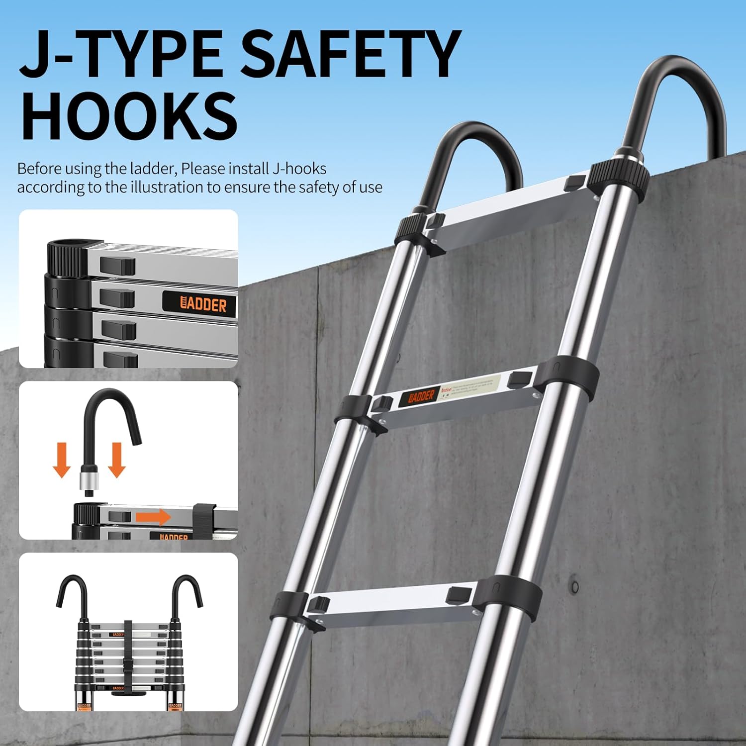 Detalle de Telescopic Ladder 3.8m Stainless Steel Loft Ladder with Stabiliser Bar & Detachable Hooks (12.5ft)