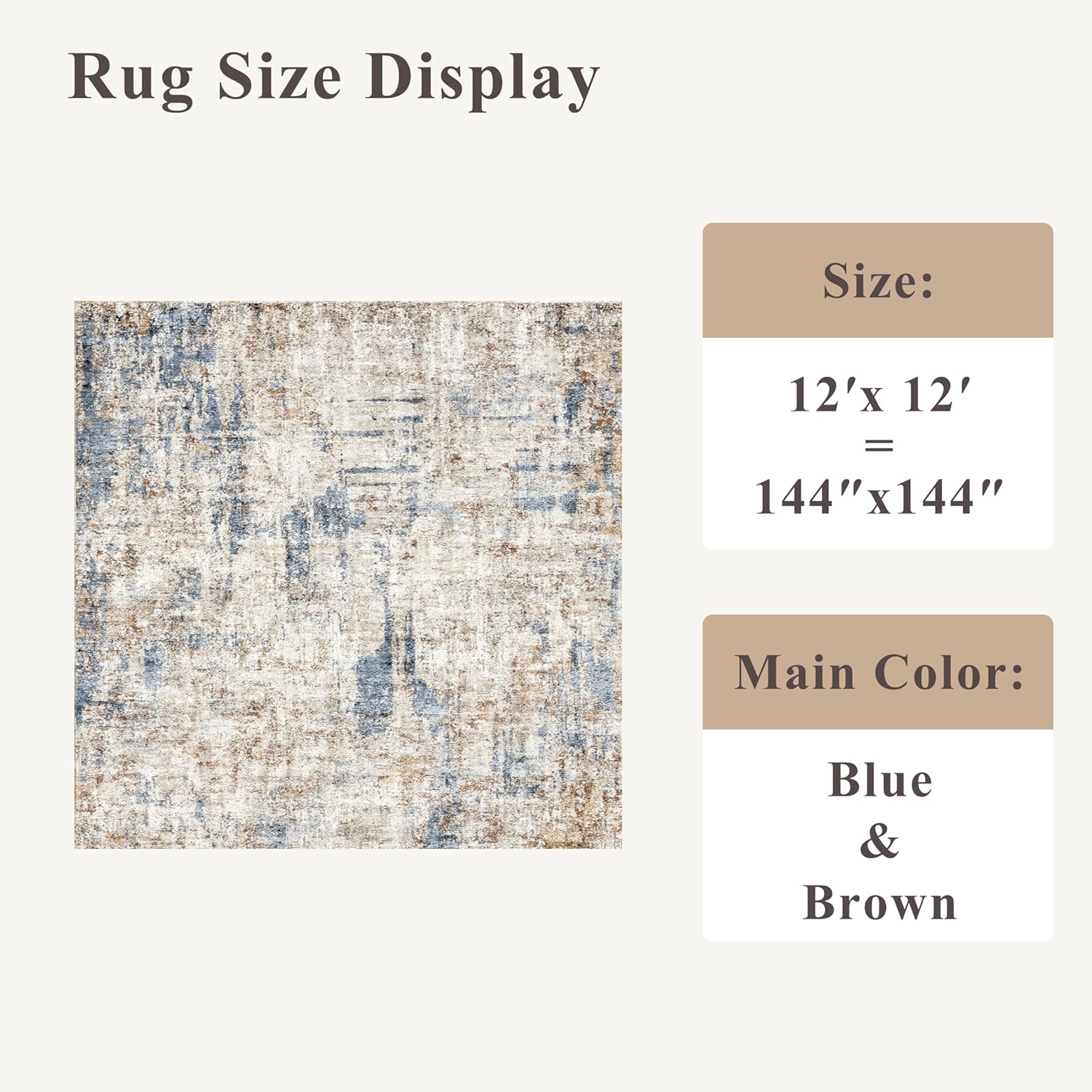 Thumbnail 1 de 12x12ft Square Living Room Rug with Non-Slip Rubber Backing (Blue/Brown) – Washable Low-Pile Indoor Carpet