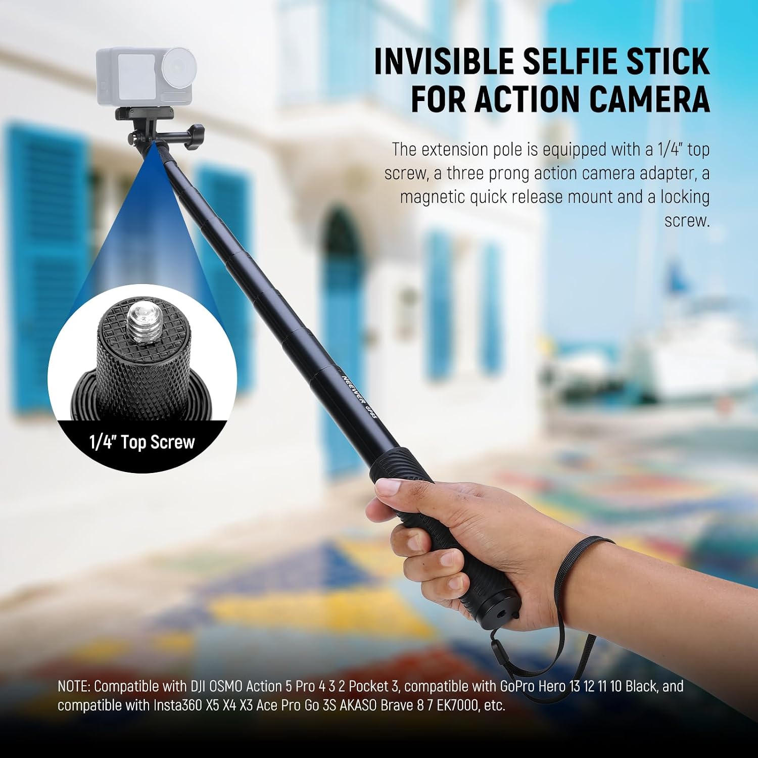 Detalle de NEEWER GP-85 Extension Rod Kit: 47.6" invisible selfie stick for action cameras with quick release mount