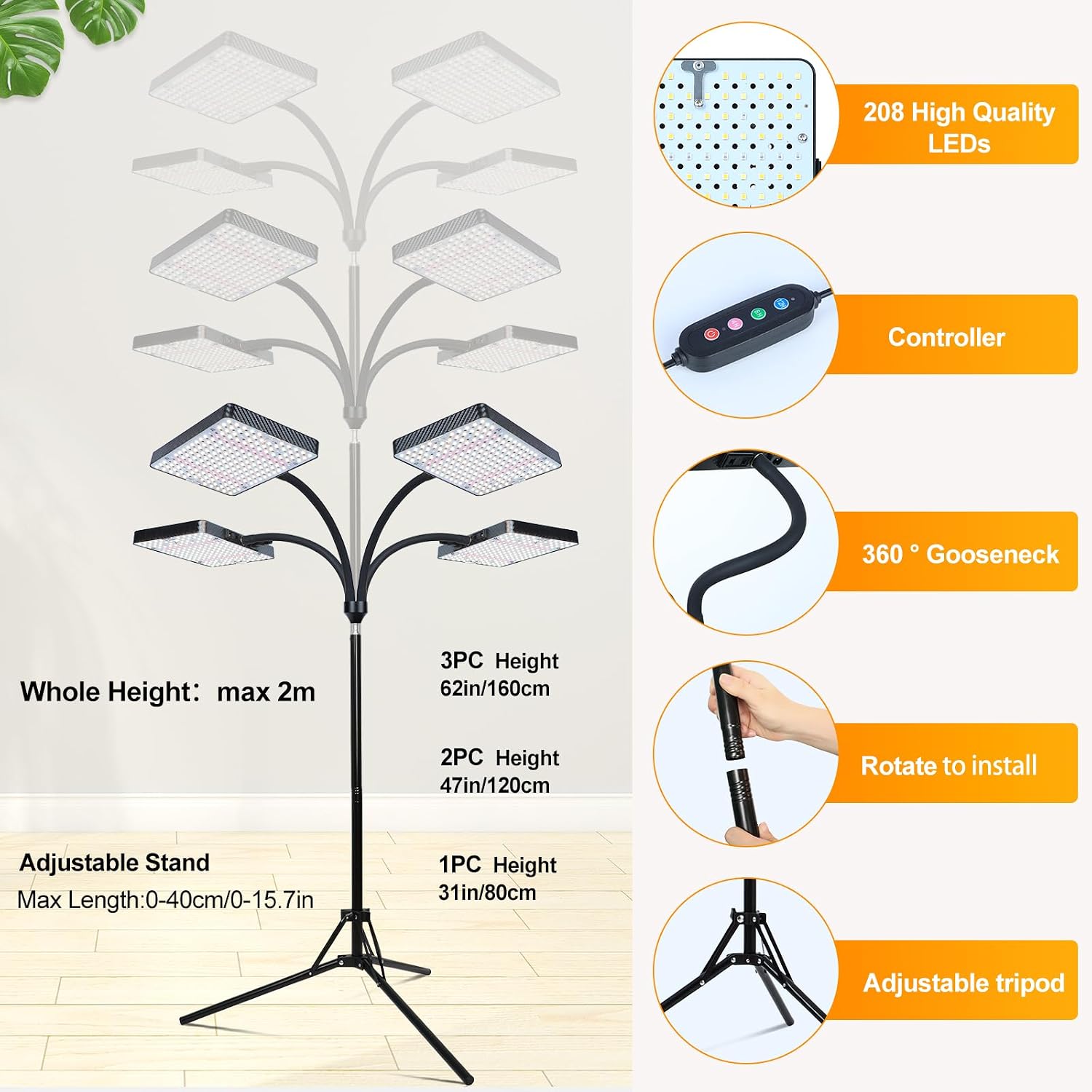 Detalle 2 de FECiDA Zinqolay 76-Inch Standing Grow Light, 4 Heads, Full Spectrum, Timer