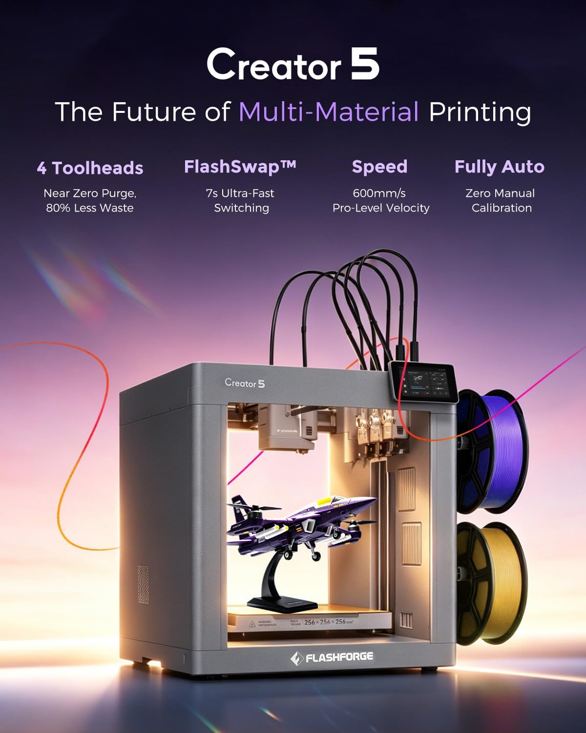 Detalle de FLASHFORGE Creator 5 4-Toolhead Changer 3D Printer: True Multi-Color & Multi-Material Mastery