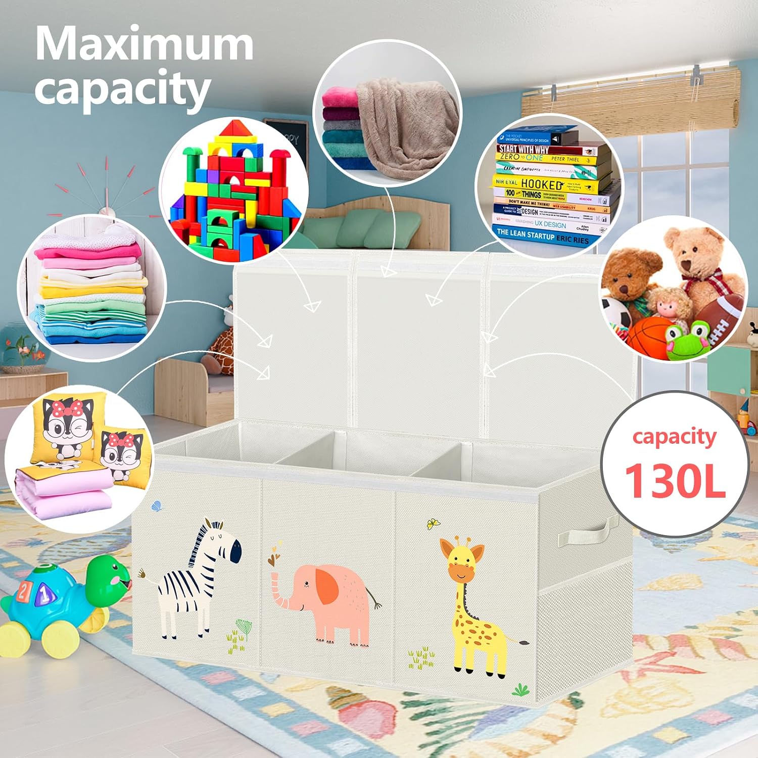 Thumbnail 4 de VERONLY Extra Large Collapsible Toy Box Storage for Kids (Beige) – 130 L, with Lid, Handles and 3 Compartments