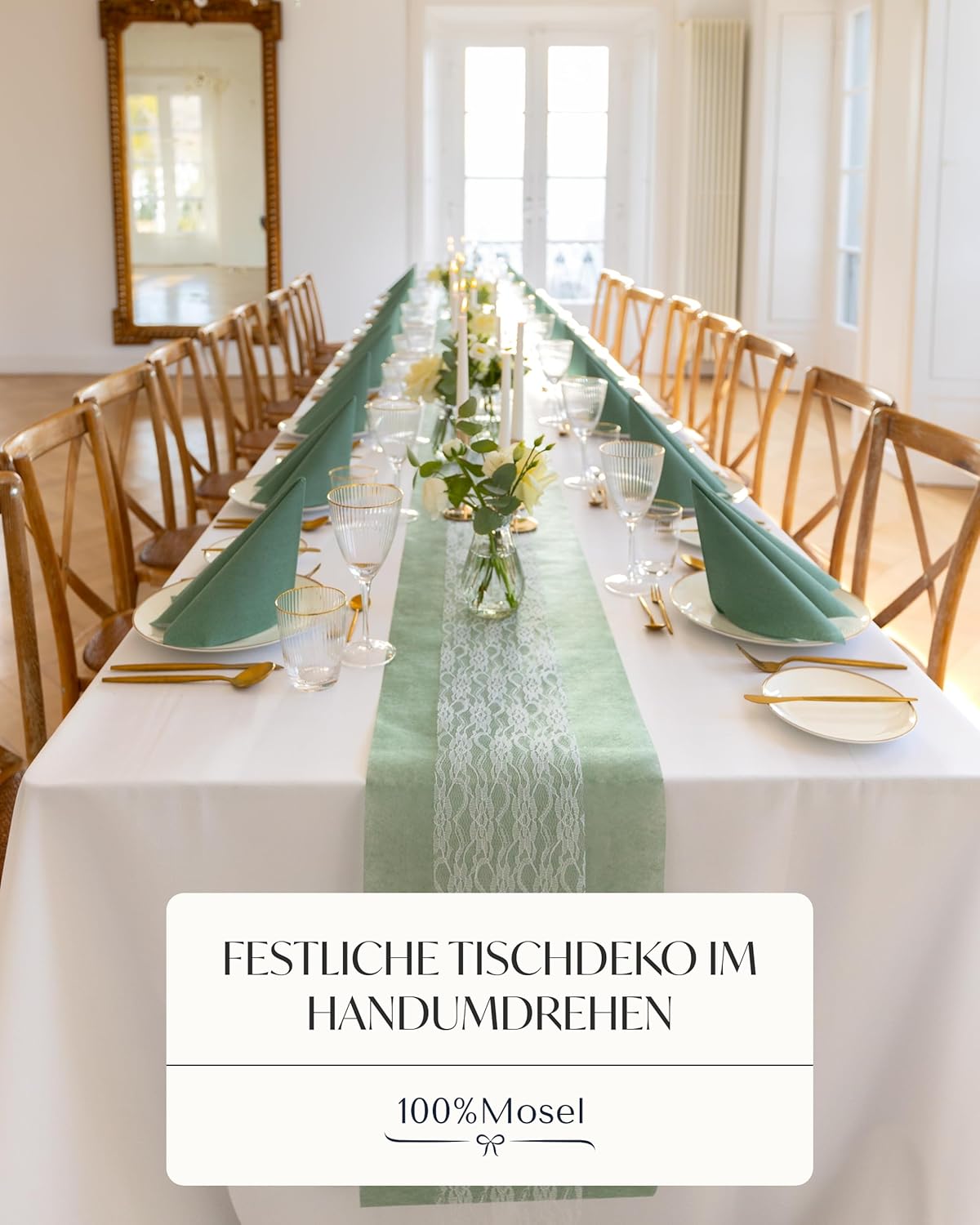 Thumbnail 2 de 100%Mosel Tischläufer-Set Eukalyptusgrün & Weiß mit Vliesbahn (30 cm x 25 m) und Spitzenband (15 cm x 25 m)