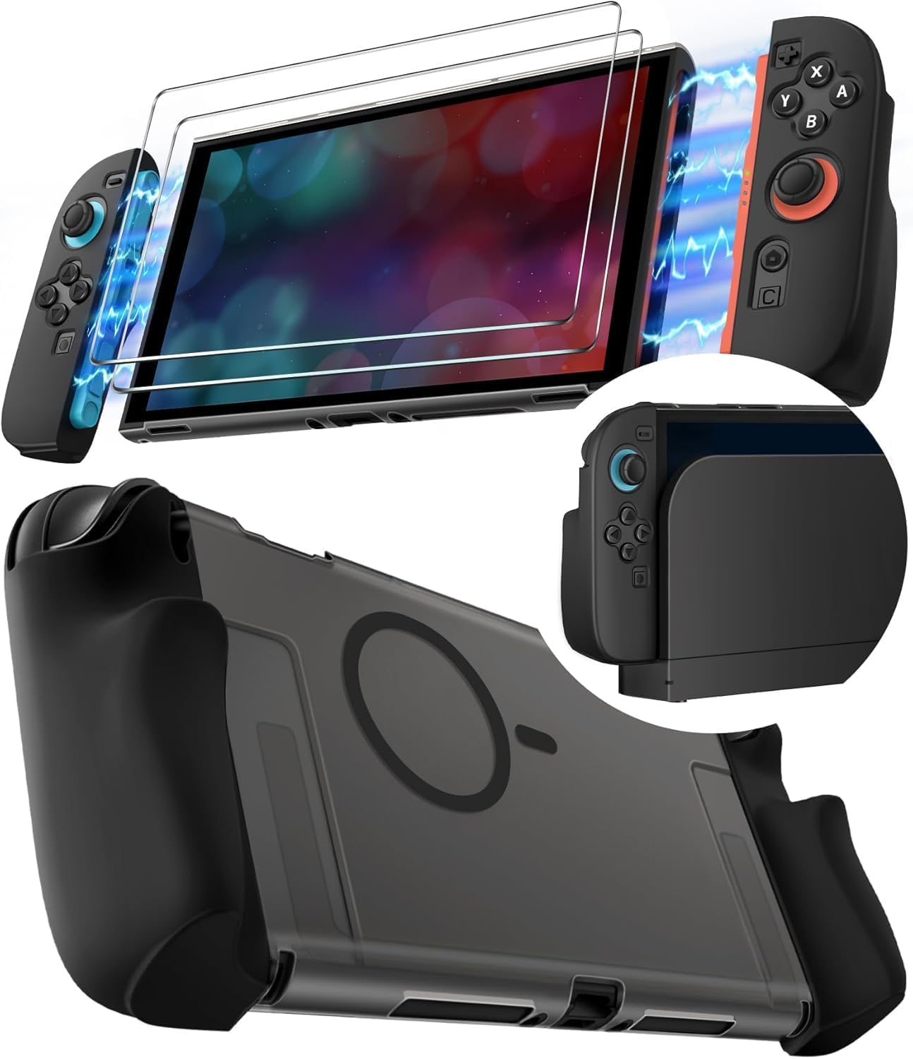 Detalle de iVoler 5-in-1 Schutz-Set für Nintendo Switch 2: magnetische, dockbare Schutzhülle inkl. Silikongriffe