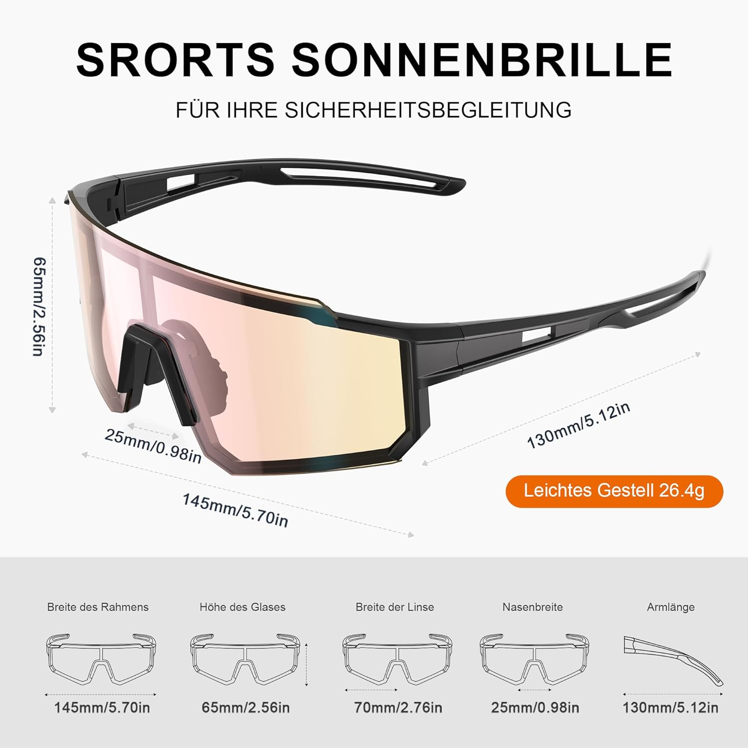 Detalle de suoso Sportbrille mit selbsttönenden Gläsern (UV400) für Radfahren, Angeln & Ski
