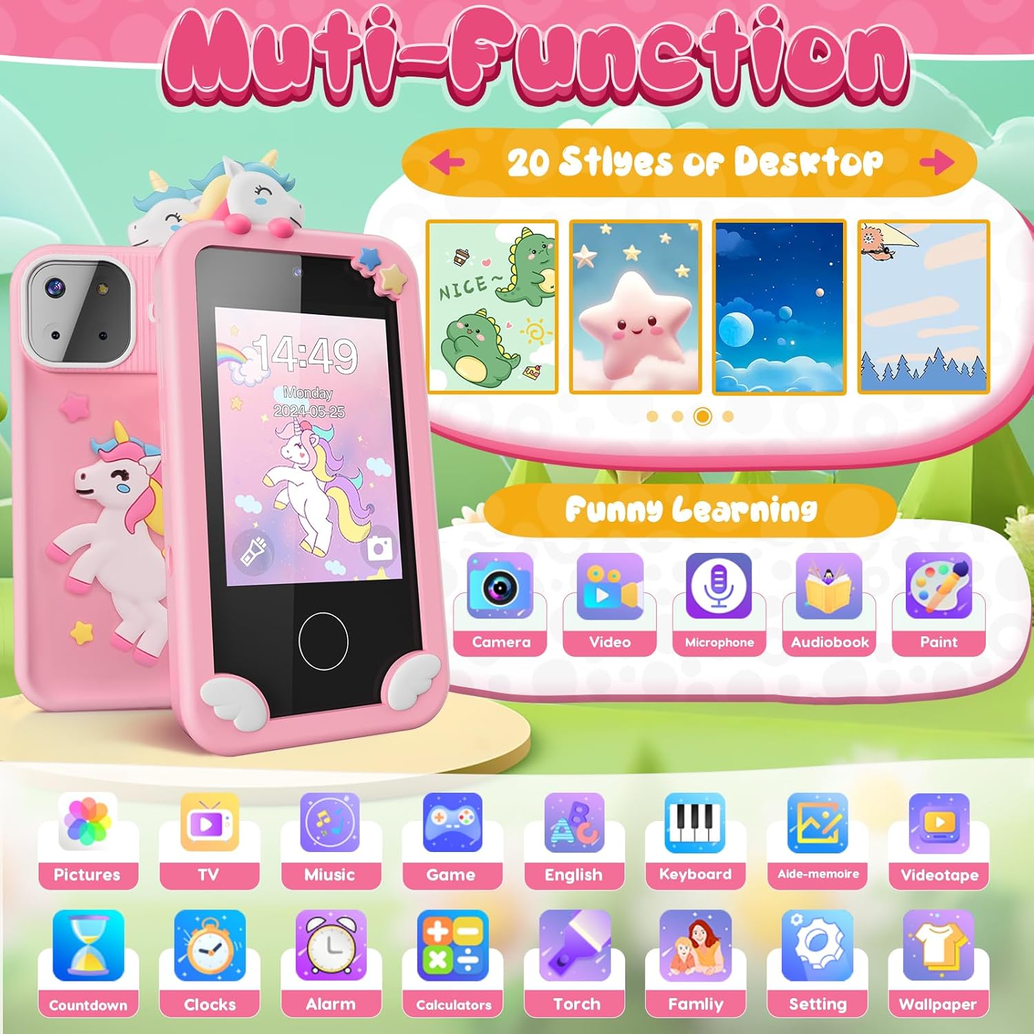 Thumbnail 1 de Luyiilo Kids Smart Phone Toy for Girls (Unicorn) with 2.8" Touchscreen, Dual Camera, 16 Learning Games