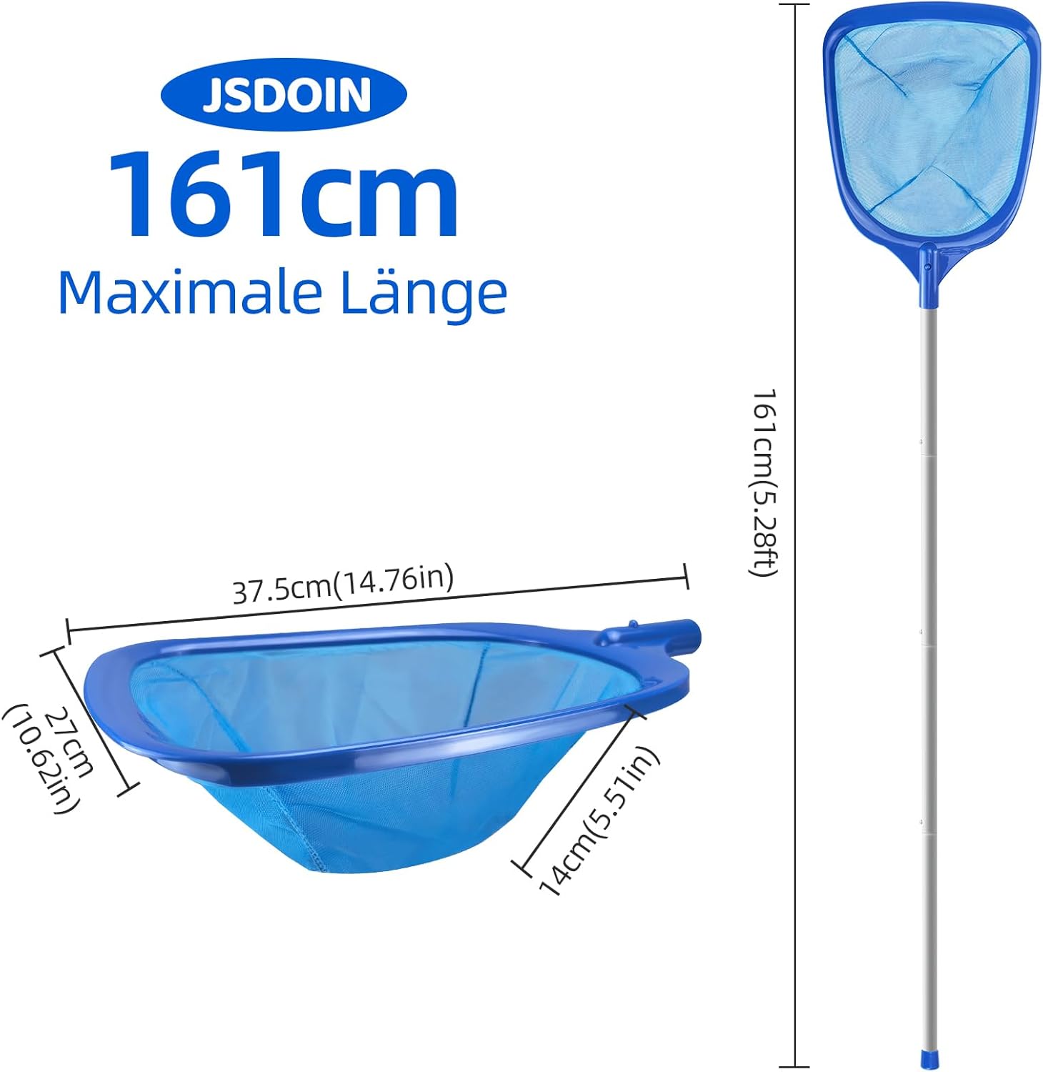 Thumbnail 2 de Jsdoin Pool Kescher (Teichkescher) 161 cm mit Teleskopstange, feines Kescher-Netz – für Pool, Teiche & Whirlpool