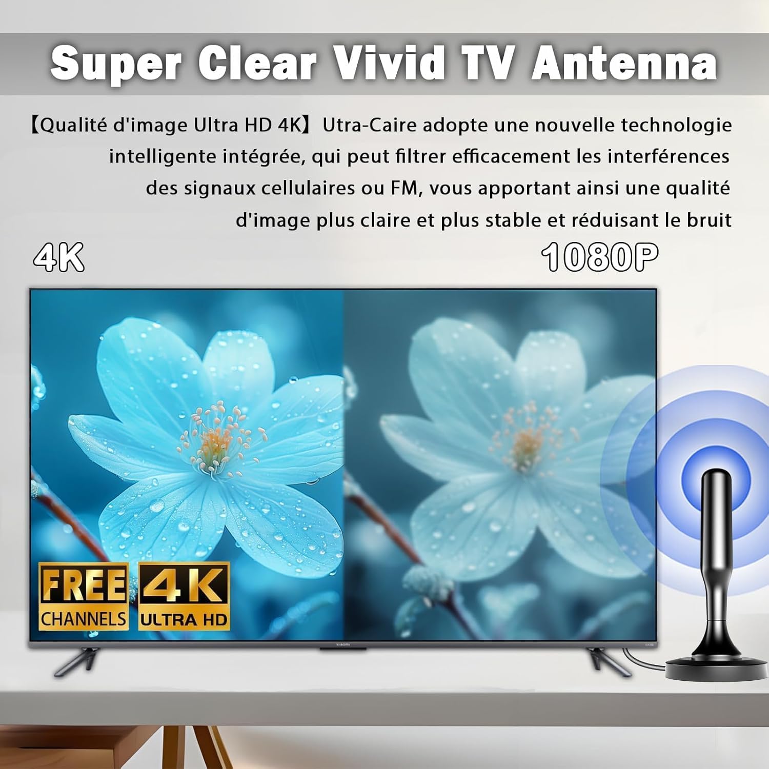Detalle de Antenne TV intérieure puissante pour TNT (DVB-T2) – câble 2,5 m, base magnétique, compatible 4K/1080p