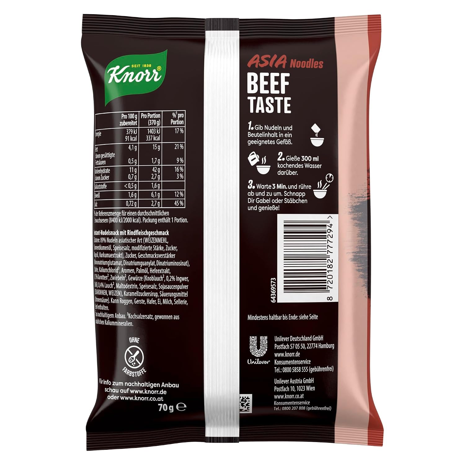 Detalle de Knorr Instant Nudeln Beef Taste – Asiatischer Snack, in 3 Minuten fertig (11x70 g)