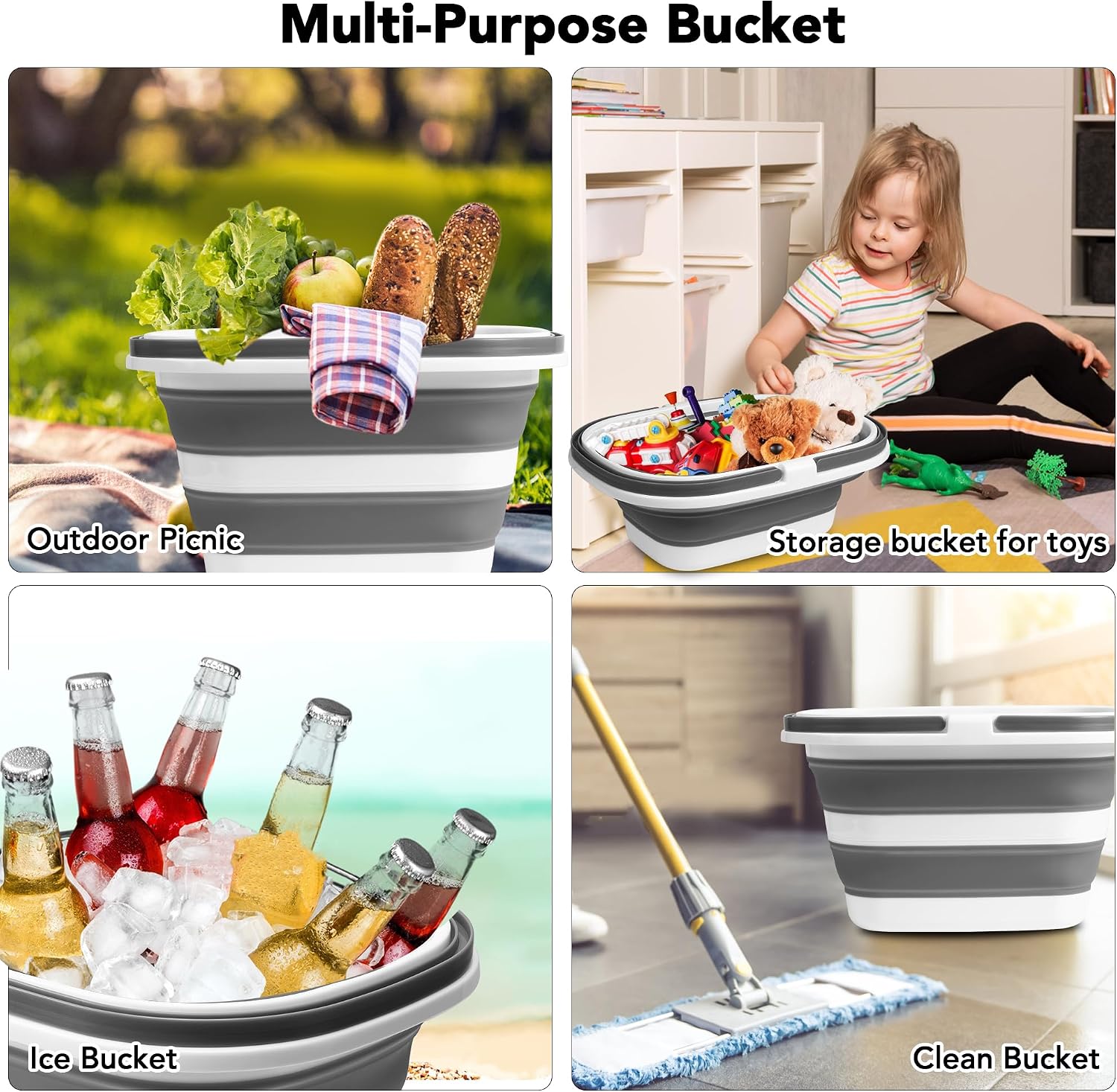 Detalle 2 de Large Collapsible Mop Bucket, 16L/4.2 Gallon – BPA-Free, 20% Thicker & Stronger with Easy Grip Handles