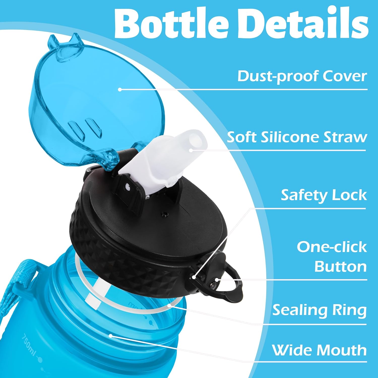 Thumbnail 1 de OLDLEY 750ml / 25oz Straw Water Bottle (BPA-free Tritan) with Leakproof Lid, Time Markings & Carry Strap