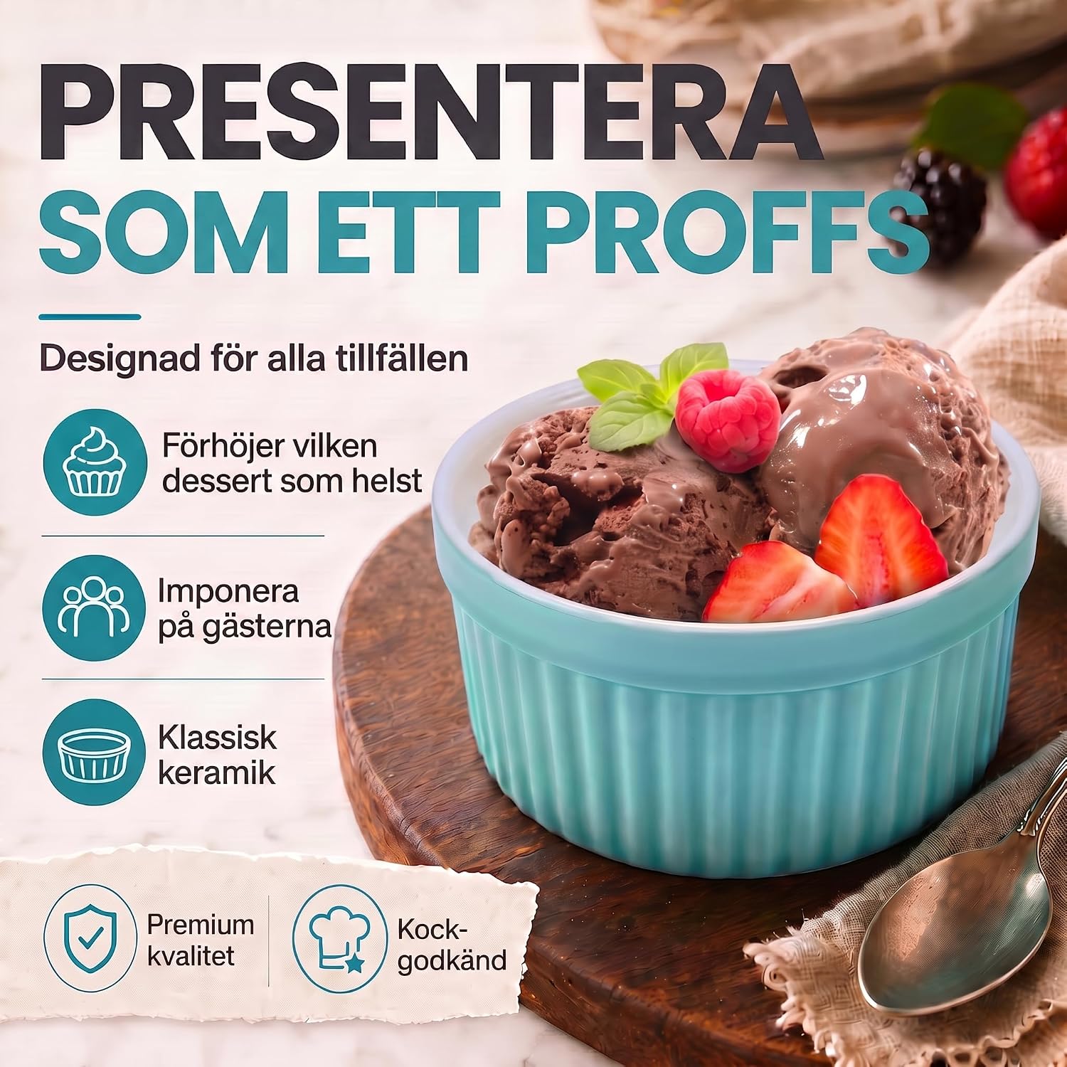 Detalle 2 de Dimono ramekins i keramik, set om 8 – 170 ml, turkosa och ugnssäkra till 350 °C
