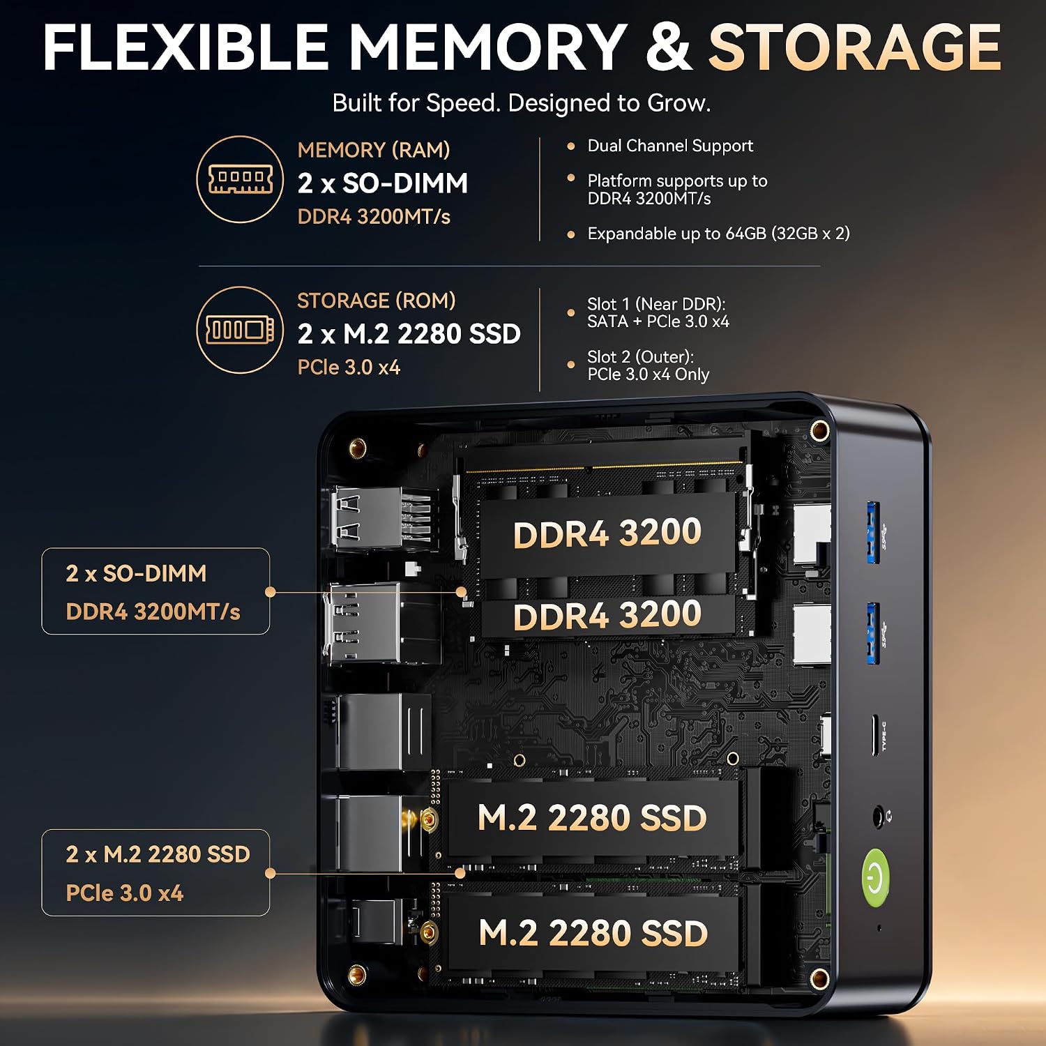 Detalle 2 de GMKtec M5S Mini PC, Ryzen 3 5400U, 16GB DDR4, 512GB SSD, Triple Display