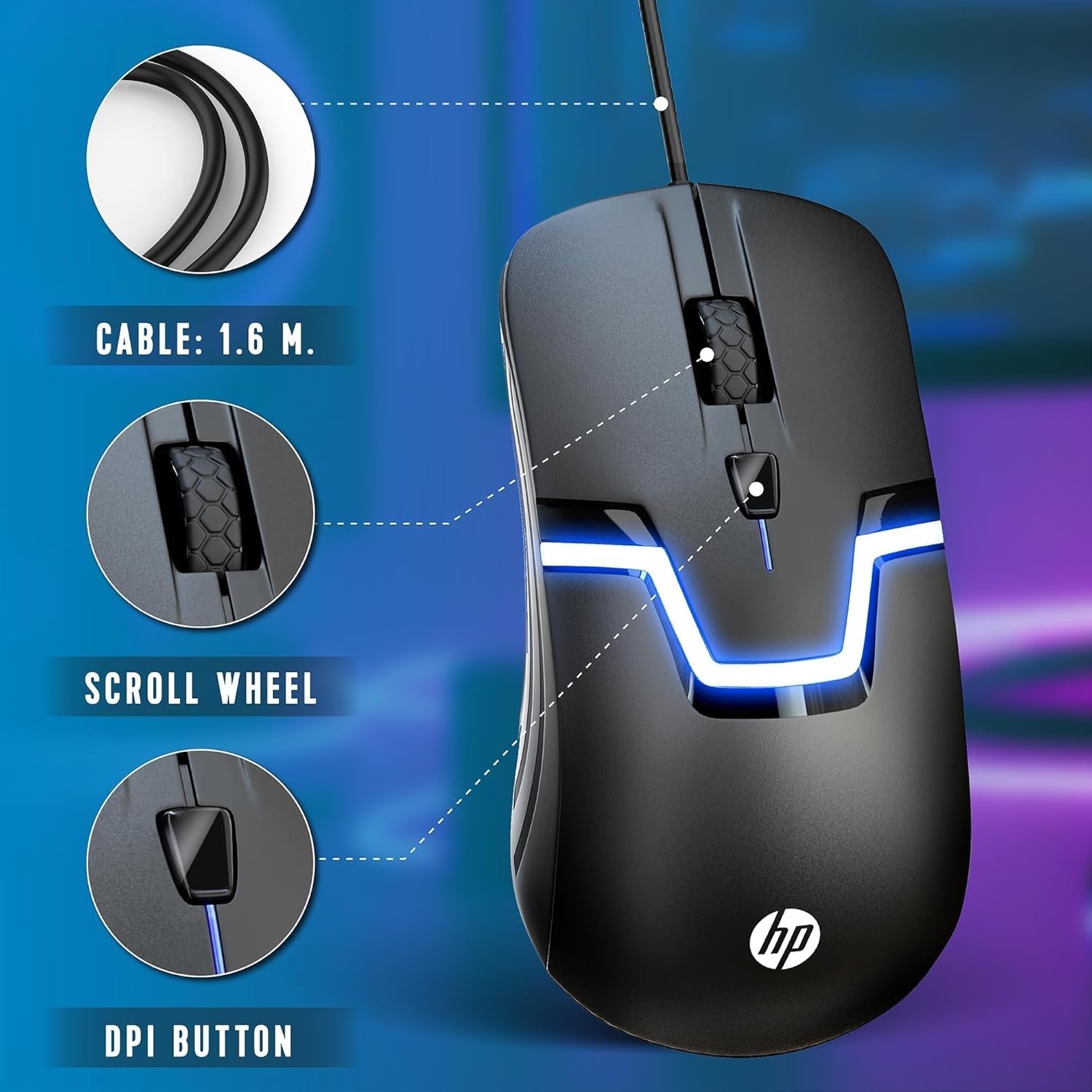 Thumbnail 4 de HP Wired RGB Gaming Mouse with Optical Sensor and 7-Color LED (3 Buttons, 1200 DPI)