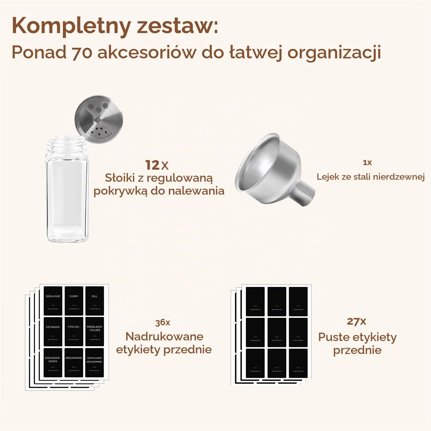 Detalle de ComSaf – kwadratowe szklane słoiczki na przyprawy 12 × 120 ml z etykietami