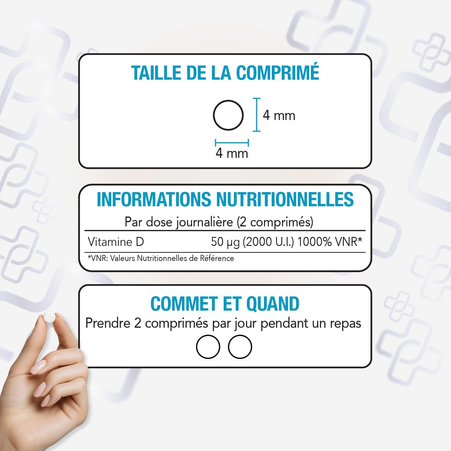 Detalle de Vitamine D3 2000 UI PiùLife (2 par jour) – Comprimés à croquer sans sucre – 600 mini-comprimés