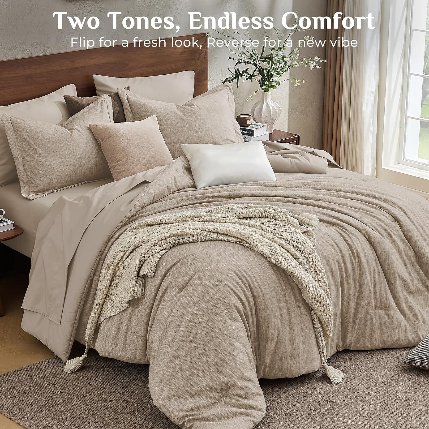 Detalle 2 de JOLLYVOGUE Queen Comforter Set, 7-Piece Double-Tone Microfiber Bedding