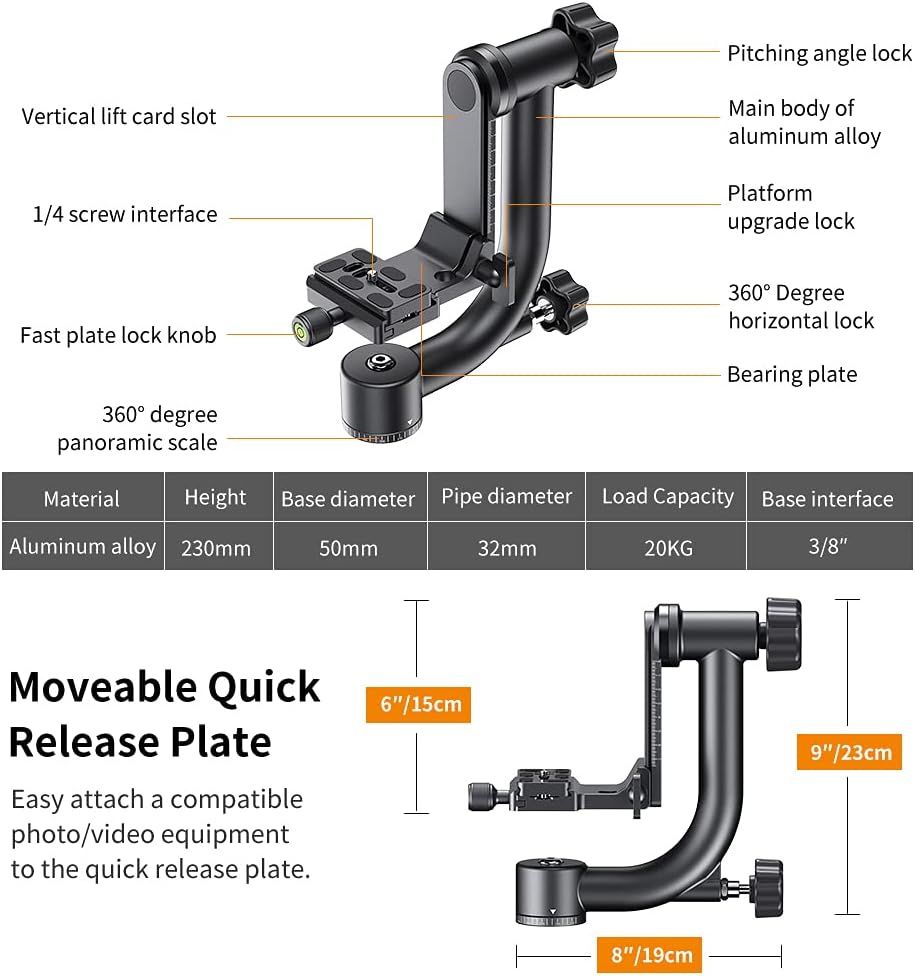 Detalle de K&F CONCEPT 360 Degree Panoramic Gimbal Tripod Head with 1/4in Quick Release Plate (load up to 20kg/44lbs)