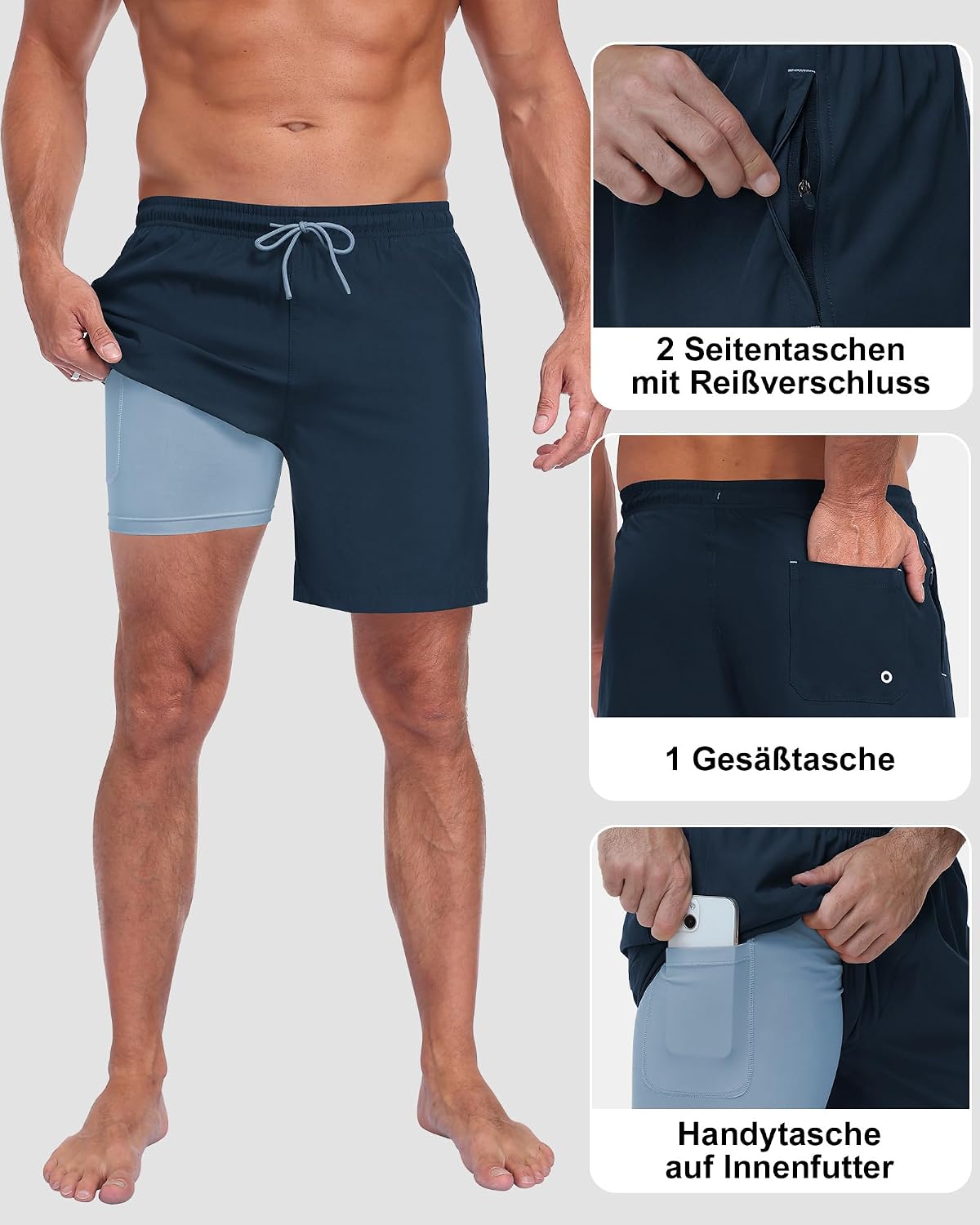 Detalle de Zzkouine 2-in-1 Badehose für Herren – leichte, schnelle Trocknung mit integrierter Innenhose und praktischen Taschen