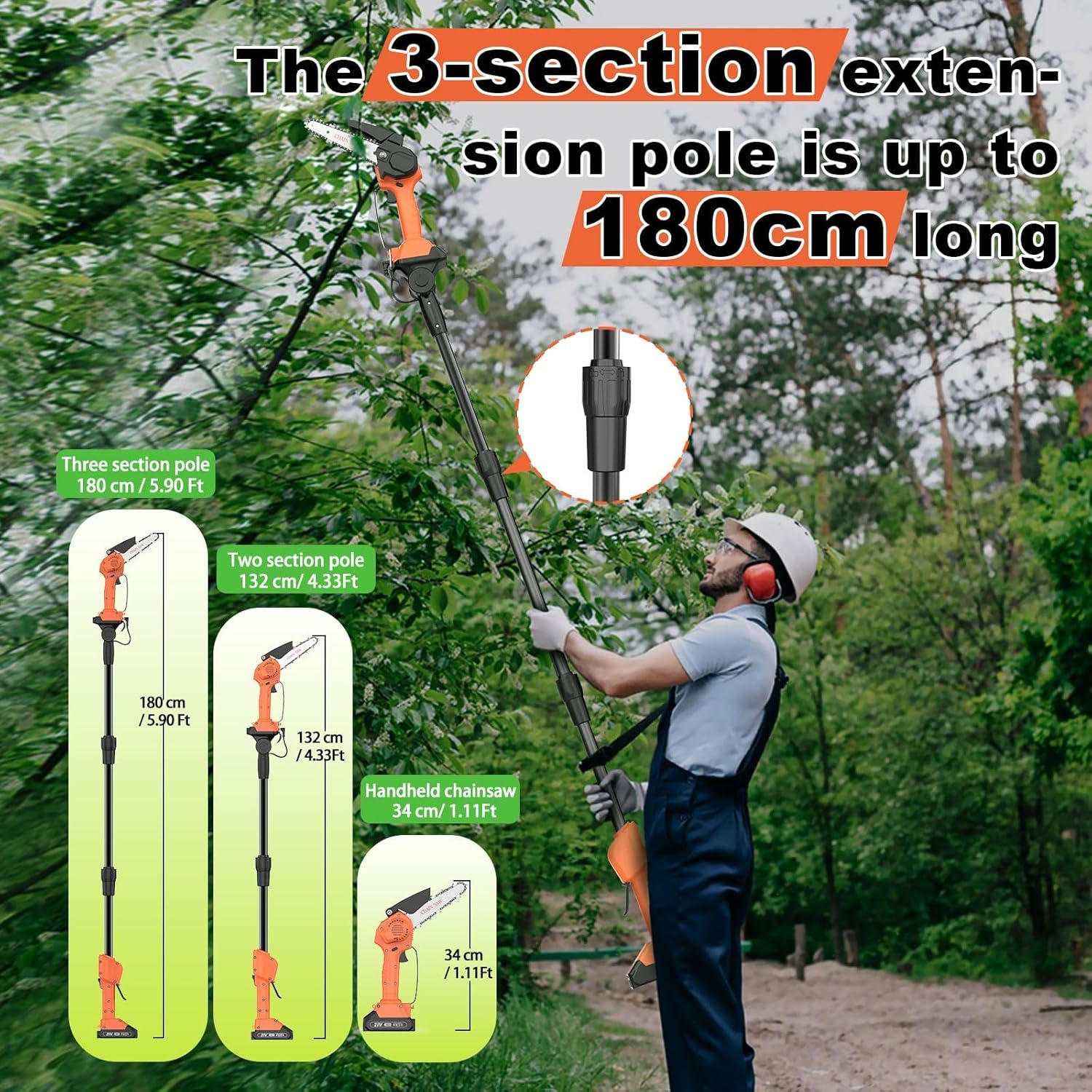 Thumbnail 3 de Cordless Pole Saw 12.47Ft – 2 in 1 Long Reach Saw & Handheld Chainsaw (6'')