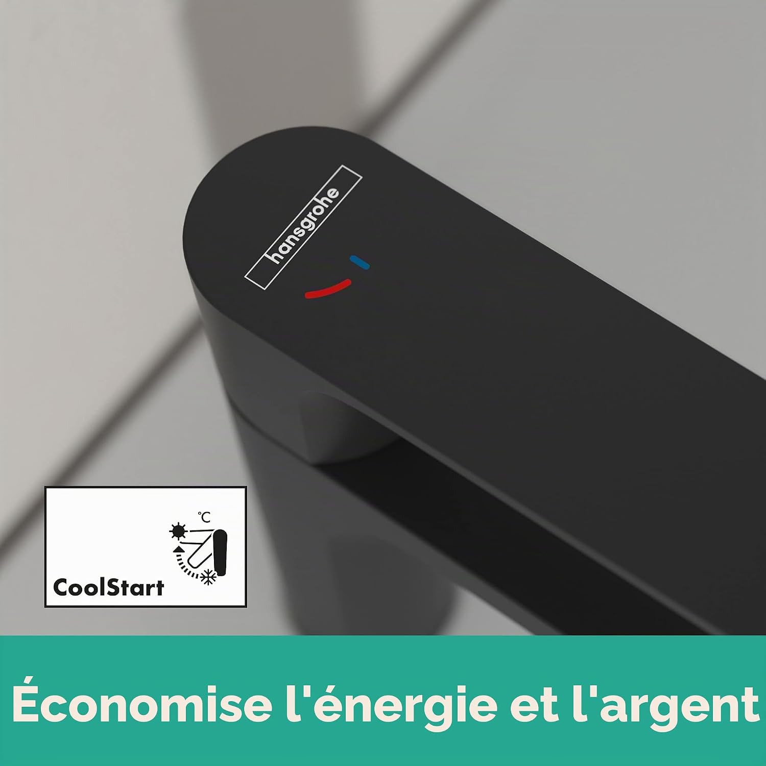 Detalle de Hansgrohe Rebris S 72519670: robinet de lavabo noir mat avec bonde à tirette et économie d’eau