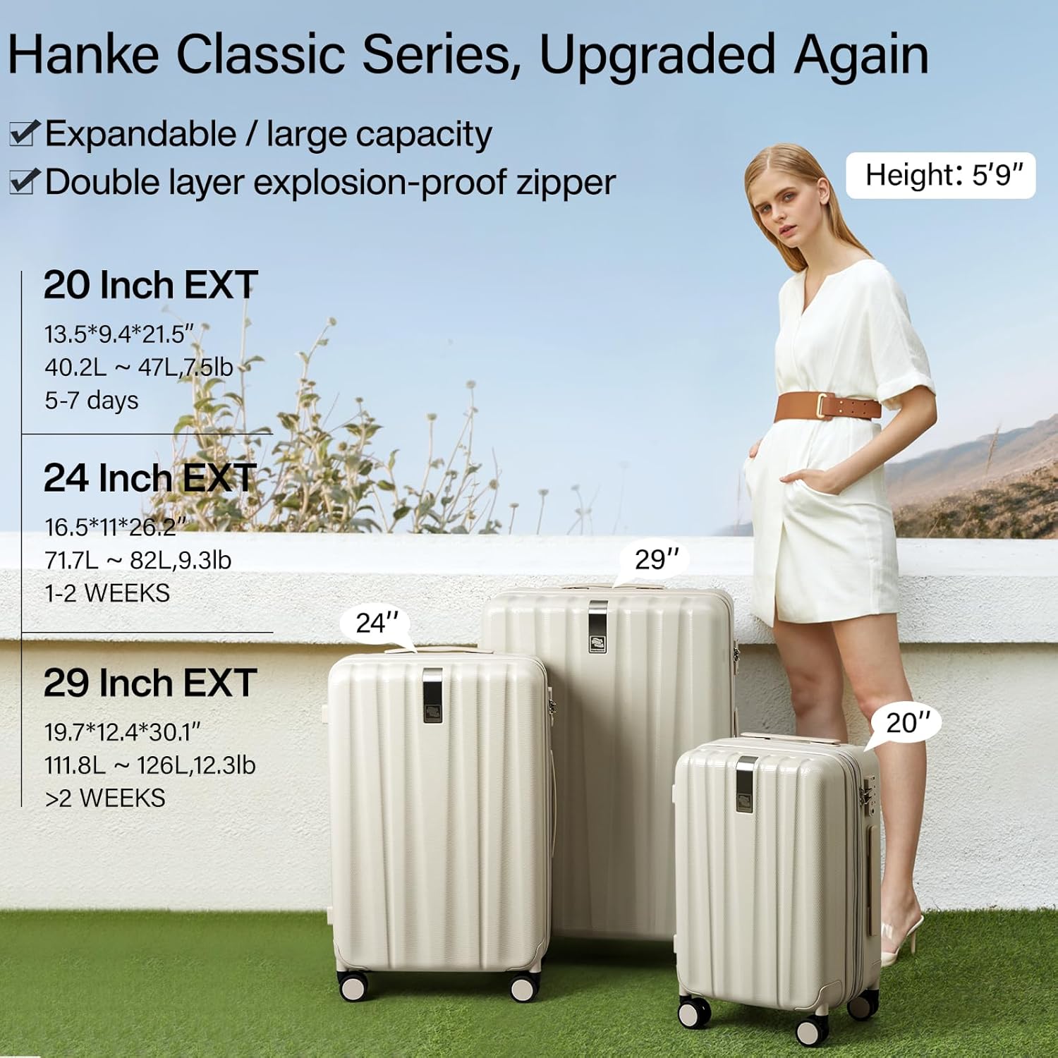 Detalle de Hanke Expandable 24 Inch PC Hard Case Suitcase with TSA Lock, Wheels and Wet/Dry Pocket (Ivory White)