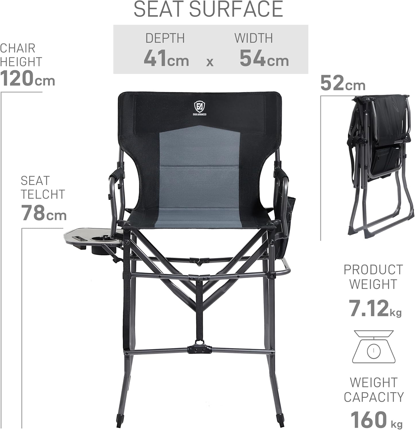 Detalle de EVER ADVANCED EA-DC-1026T Tall Camping Director’s Chair with Side Table