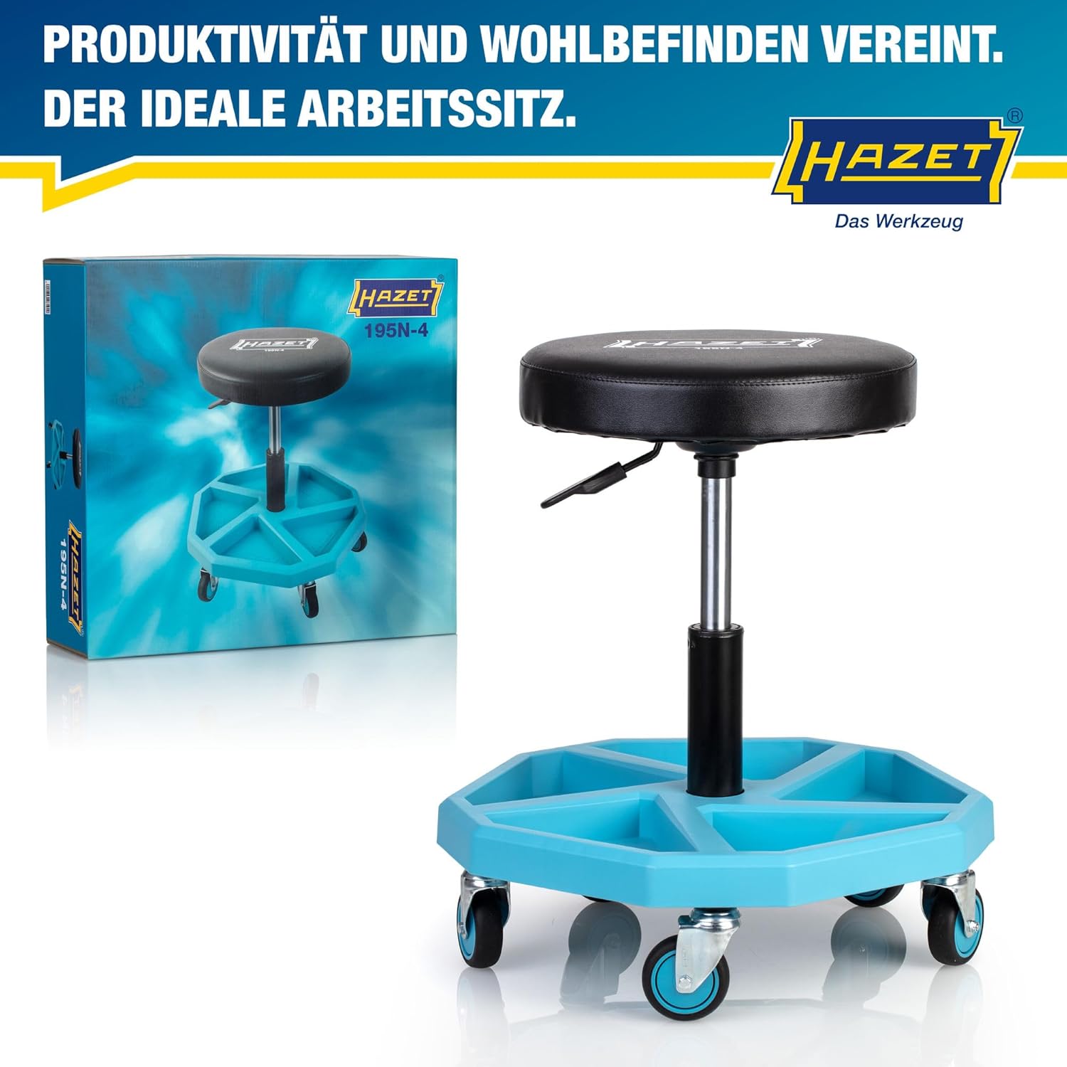 Thumbnail 2 de HAZET Arbeitssitz 195N-4 – robuster Werkstatt-Sitz mit höhenverstellbarer Platte und Werkzeugablage