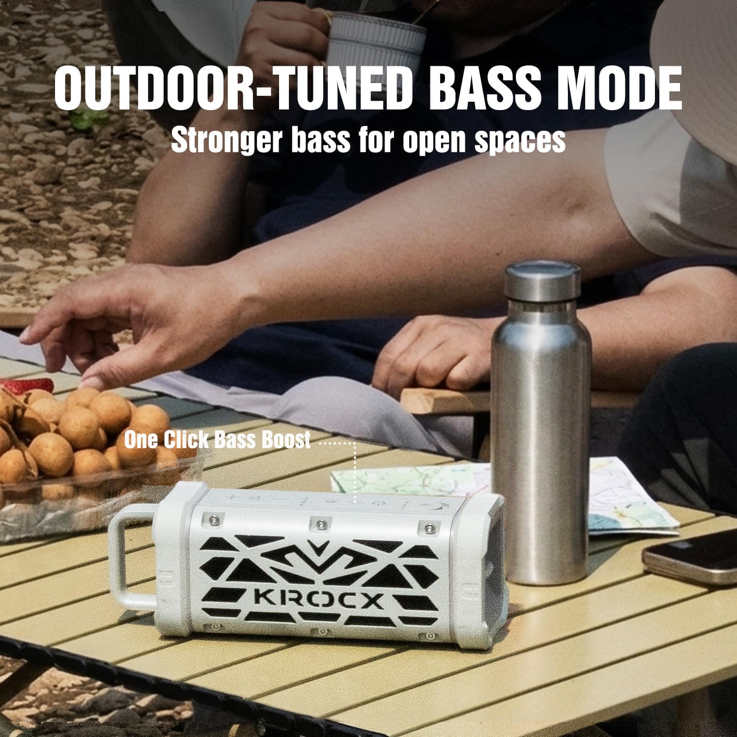 Detalle de KROCX TRAVOR Magnetic Bluetooth Speaker (45W) — Cloud Dancer Metallic, Rugged Aluminum Outdoor Speaker