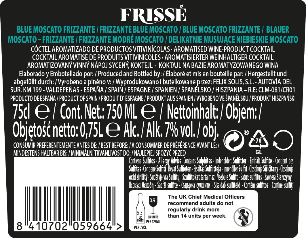 Detalle 2 de Frissé Blue Moscato - Pack 6 Botellas de 750ml 🍾