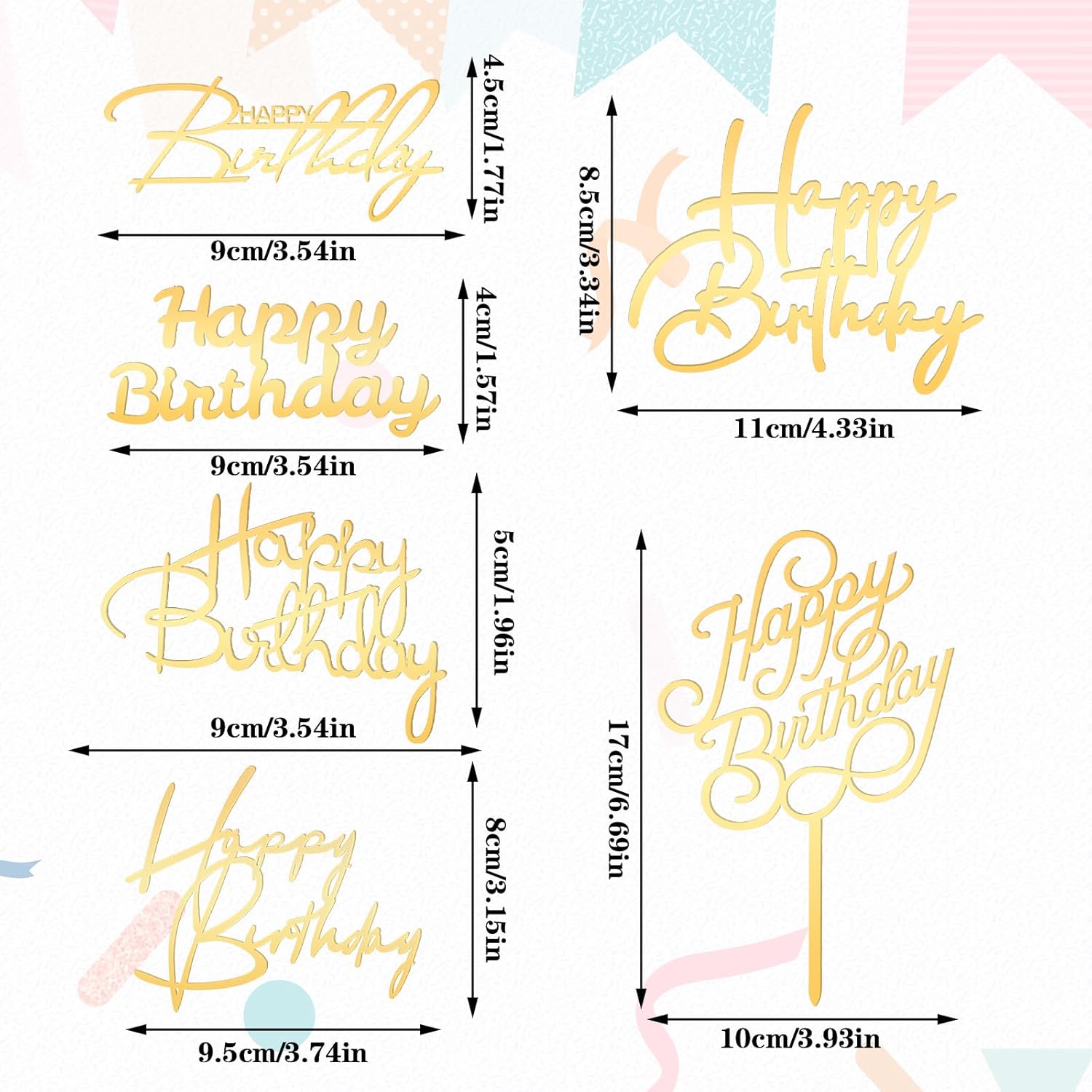 Detalle 2 de 6 pcs Happy Birthday Cake Toppers Gold Mirror Acrylic Cake Decorations