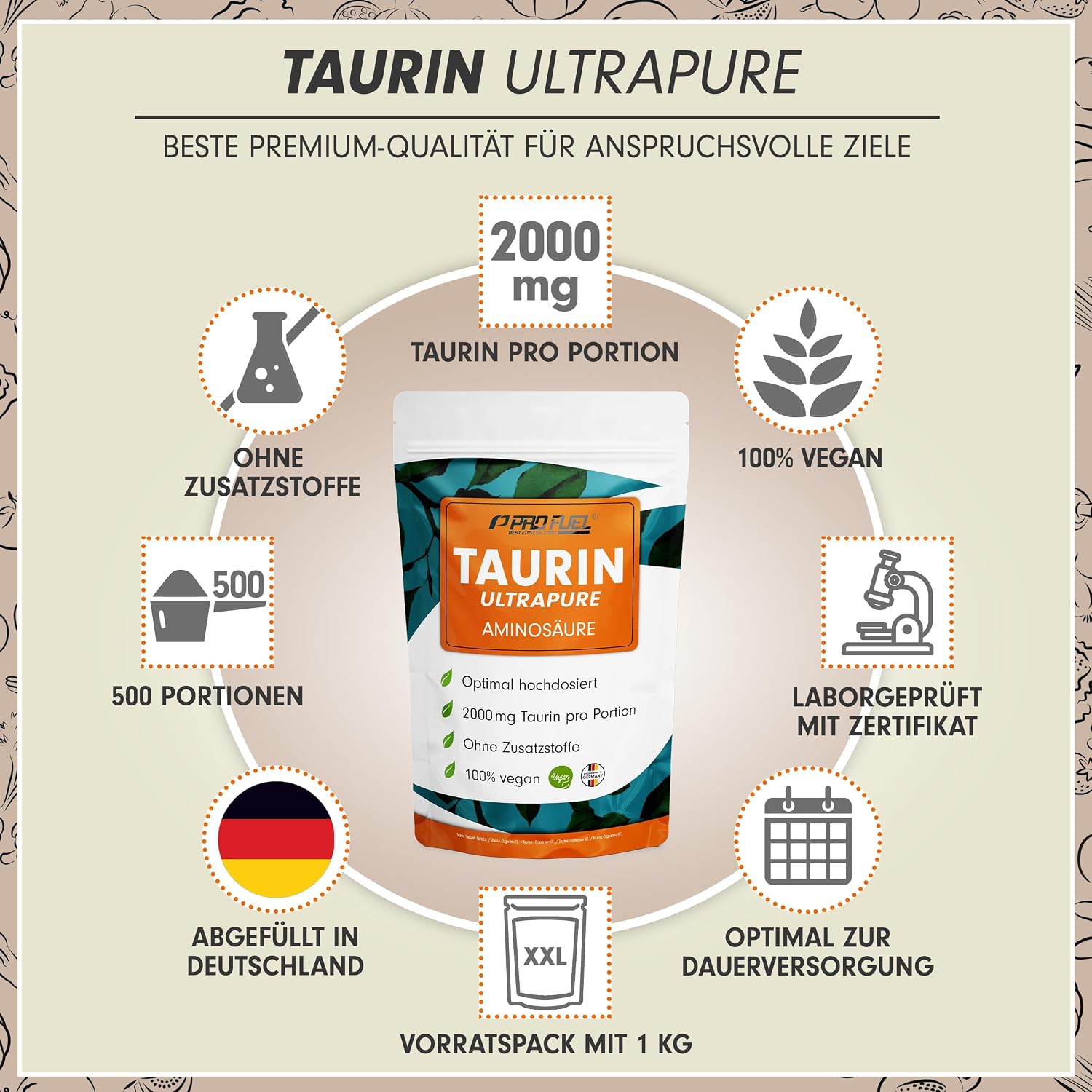 Detalle 2 de Taurin Pulver 1kg 2000 mg Tagesportion