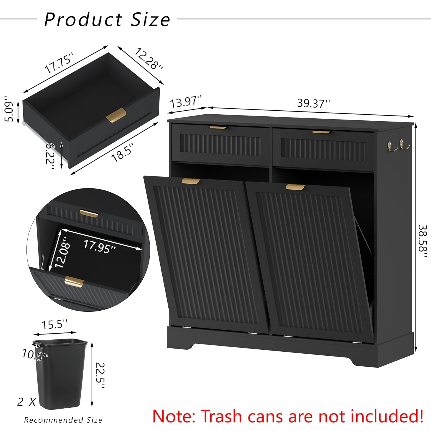 Detalle de METOTI HLG187-BK-01 Double Tilt-Out Trash Cabinet, 2 x 13-Gallon Capacity